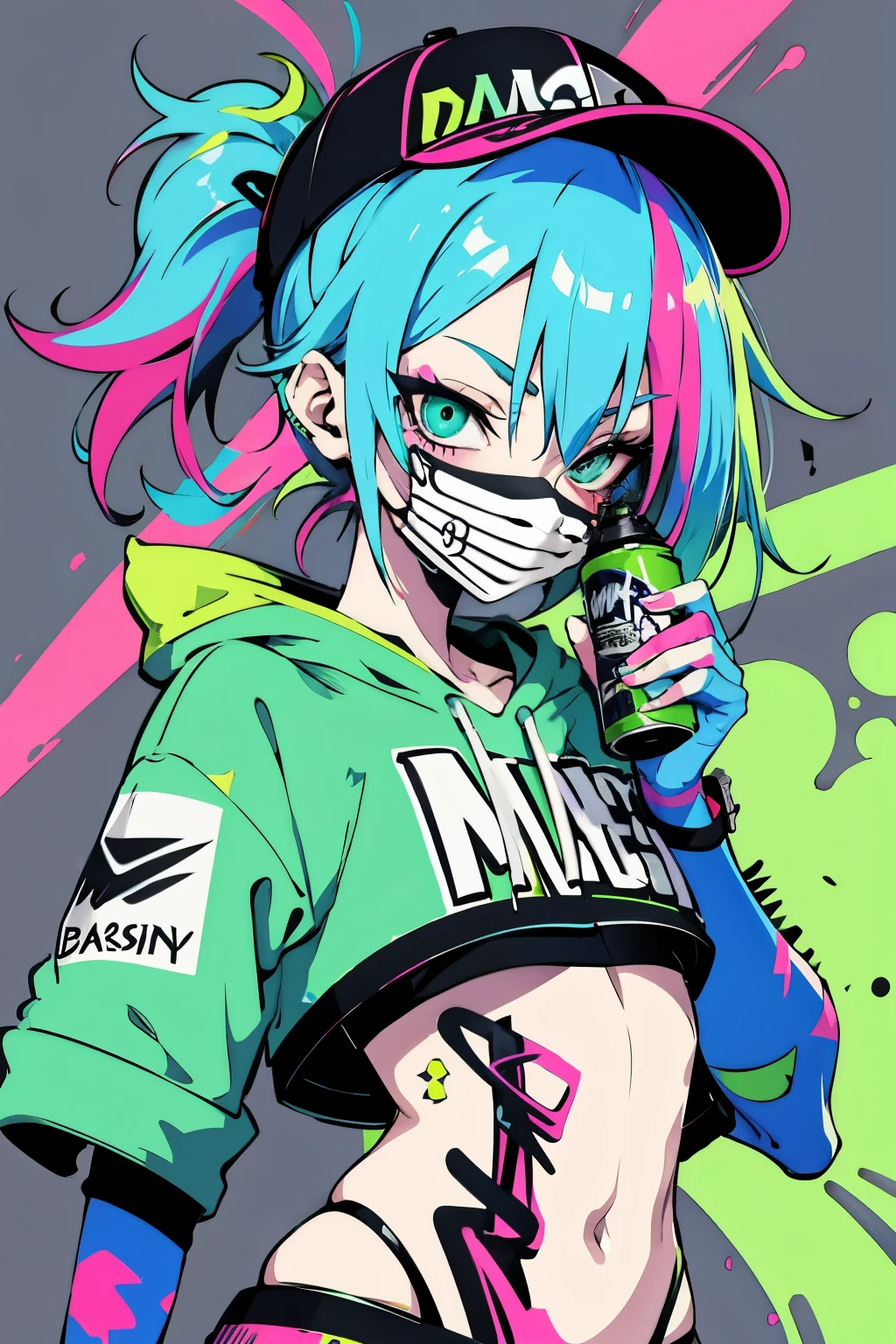 anime slim girl with a cap and a mask, thin face, holding a spray can, green messy hair, street background in neon pink and blue colors, stickers, smirk face, harley vibe, bad girl