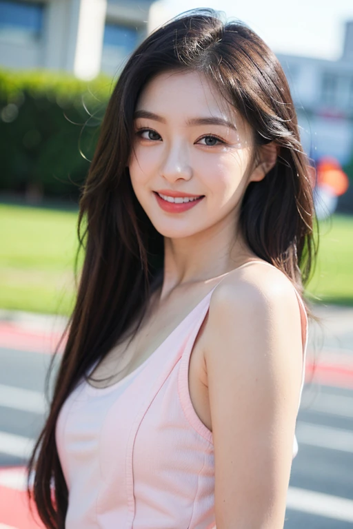 (Cute smile),(((Beautiful face))),(Cute 23 year old cute girl:1.3), raw, Colorful, Sharp Focus, Delicate and beautiful composition, Best Quality, (Realistic), High quality, Ultra Detail, (realisiticフォト), (Realistic) ,(Realistic skin), (Realistic body), (Complex Detail), (Detail skin:1.Perfect luster:0.6), (slim:1.2), (Beautiful big eyes:1.2) ,Round eyes, Detail Eyes, Pretty Face,(1girl in), (Detailed face:1.2), Realistic moist skin, Dark hair, 8?UHD, High quality, 細いslimウェスト, Long legs, kindly smile, (Portrait), Happy expression, Beautiful lighting , Perfect Lightning, Realistic Shadows,1 girl, 独奏で, (((small head))), (((Viewer look at beautiful legal body sweat shot:1.2), Cinematic Light, (finerly detailed face:1.2), (masutepiece:1.5), (Best Quality:1.2),(1 girl:1.3), (Bigchest:1.2), (cleavage), Full body, Girlish body, Curve, Details bare, Detailed beauty small face, Friendly smile, Round eyes, Black hair, thin lips, (((No makeup:1.5))) , (Realistic, photographrealistic:1.3), Detailed abs, Sexy navel, Alafed woman in athletics suit, Pose on the track, Sporty physique, athletic bodies, Japanese Models, sexymodel, wearing track and field suit, Sporty,、Japanese actress Asami Mizukawa、Transparent beautiful skin、Cool impression with long eyes、speak slowly and carefully、hidden core strength、Black hair suits you、Makeup that is not too flashy、Makeup looks natural too、Beautiful posture、a small face、The nasal muscles are passing through、The corners of the mouth are turned higher than the width of the head、Less than one third of the vertical width of the face、The border between the eyebrows and the base of the nose is deeply concave、The distance between the left and right eyes is、、、narrower than the width of one eye、distance between eyes and eyebrows、Narrower than one vertical width of the eye、The outline is、Oval or long type、The shape of the jaw resembles an upside down 、Hairstyles、natural one-len、(masutepiece, top-quality、high-detail:1.4、Very attractive beauty、Add intense highlights to the eyes、Look firmly at the camera:1.4、A beautiful woman full of charm、Ideal ratio body proportions、Perfect Anatomy、Lustrous hair、lipgloss),1girl in, 独奏, Light brown shiny hair, realisitic, looking at the viewers、Tilt your head slightly、 唇はlipgloss,big eye、Lashes、The face is a little red、Embarrassing)、((Put very strong highlights in your students、gazing at viewer、Very beautiful beauty、Put your ears out、long neck、little smiling、Beautiful teeth、Open your mouth and smile、Heart-shaped pupil))、28 year old、Very cute supermodel、