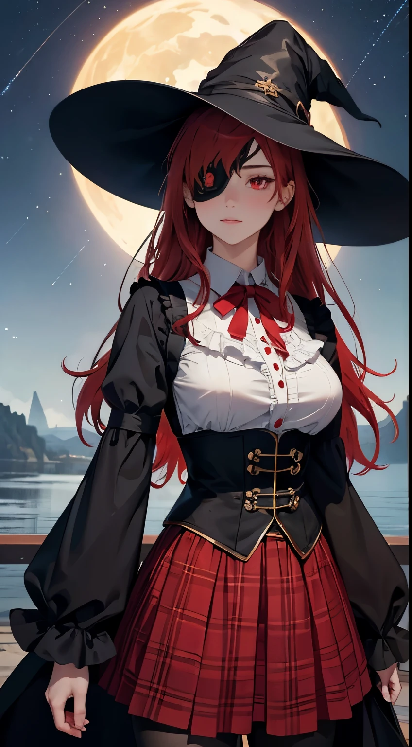 ((best quality)), ((masterpiece)), (detailed), perfect face, ((eyepatch:1.2)), (long hair:1.4), (red hair, red eyes:1.4), 1girl, solo, hat, skirt, legging, witch hat, dirndl gown, black headwear, black dirndl gown, smile, outdoors, black skirt, looking at viewer, black legging, rose pattern legging, red witch hat, long sleeves, bangs, ribbon, frilled skirt, frills, plaid, bow, open clothes, blush, neck ribbon, Star shape eyepatch, gold eyepatch, standing, red ribbon, wide sleeves, black robe, open robe, robe, , hand on waist, medium breasts, large breasts, night, starry night sky, cowboy shot, Photorealistic, Hyperrealistic, Hyperdetailed, analog style, detailed skin, matte skin, soft lighting, subsurface scattering, realistic, heavy shadow, masterpiece, best quality, ultra realistic, 8k, golden ratio, Intricate, High Detail, film photography, soft focus, hollow eyes