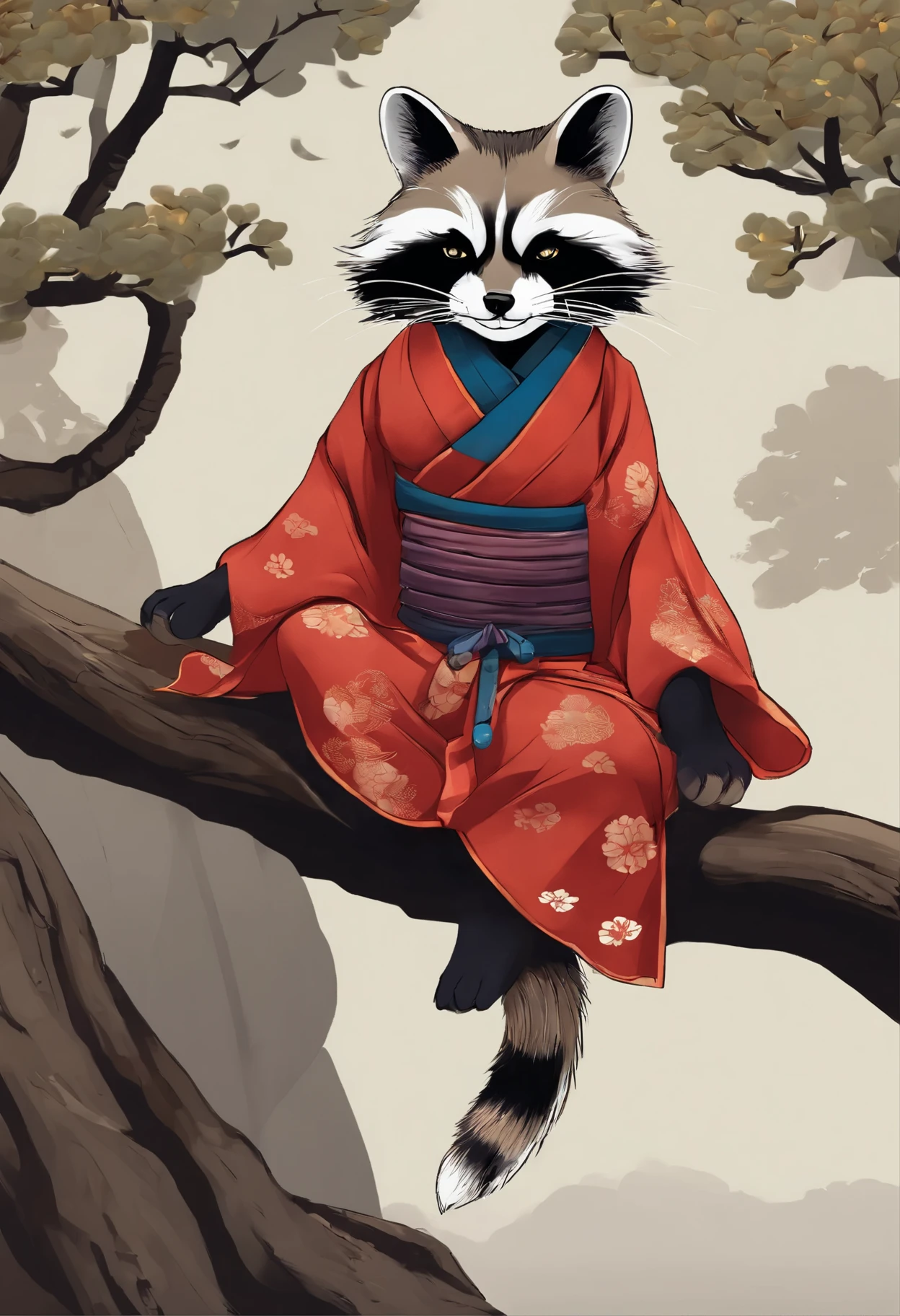Painting of a raccoon and a cat in a kimono., sitting on a tree, Anime Cat, Samurai cat, inspired by Koson Ohara, inspired by Ohara Koson, realistic Anime Cat, inspired by Tōshūsai Sharaku, Japanese Art Style, Monk Tabaxi, anthropomorphic cat ninja, neko, Kitsune, fox nobushi