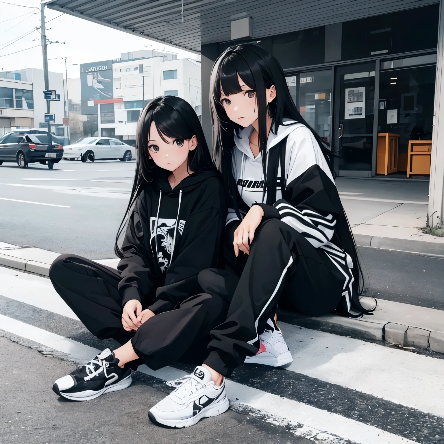 Two beautiful and cute girls, long black hair, black and white hoodie, trousers, sneakers, tall, decent, roadside, sit