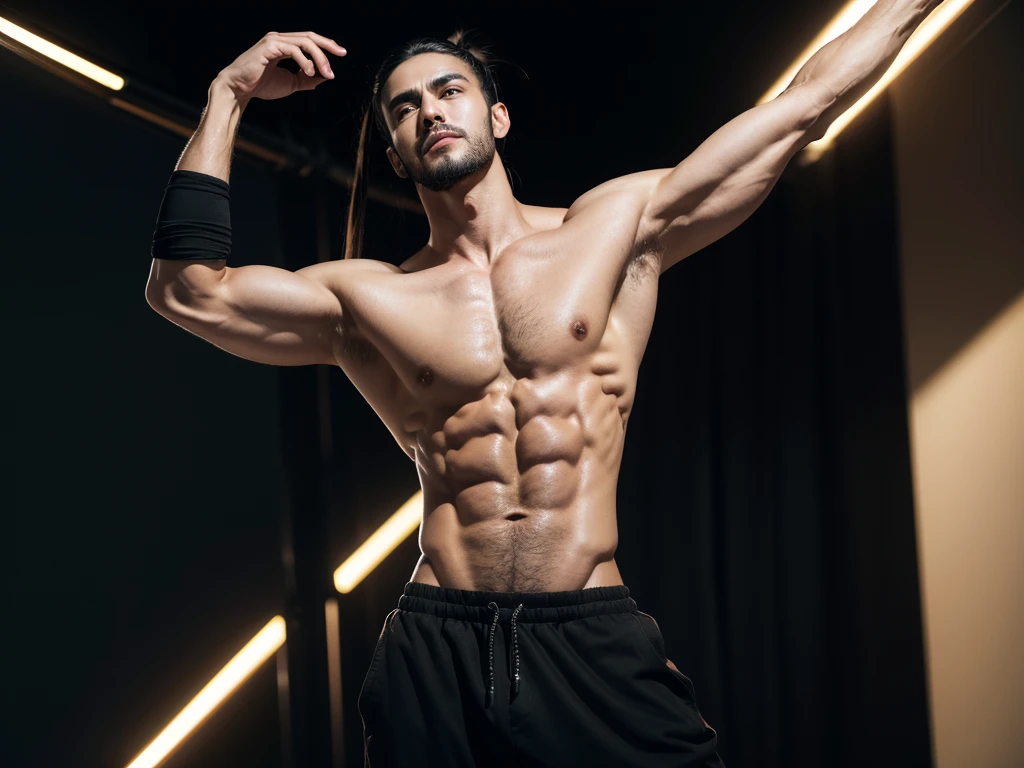 1man, big toned muscles, black hair in manbun, dark gold eyes, wearing black baggy japanese pants, no shirt, absurdres, high res, ultrasharp, 8k, masterpiece, looking up, arms out