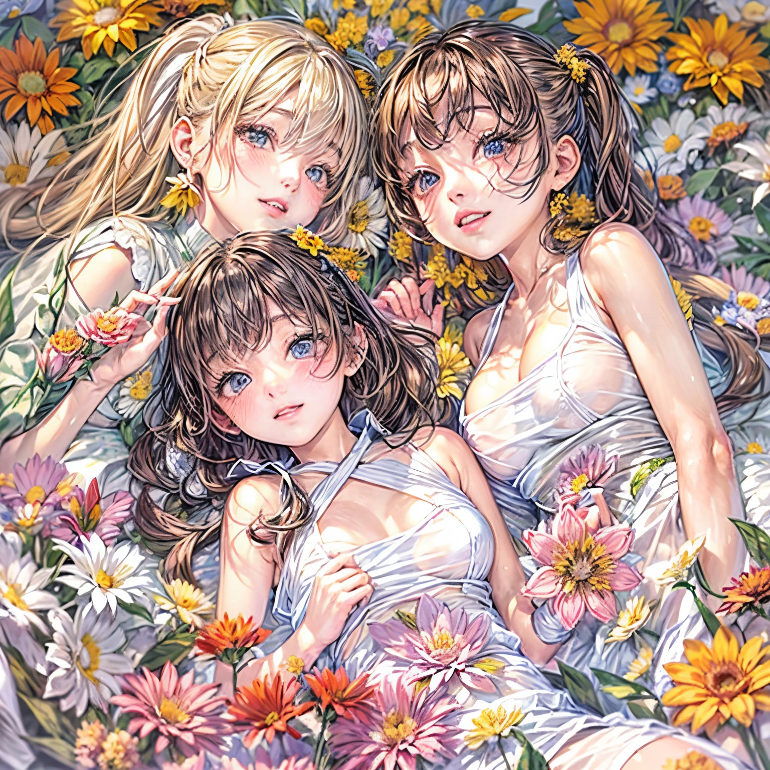(((4 KAWAII girls laying in a colorful flower space, full of flowers))), ((SFW)), (Acutance), (Exposed:1.2), (Nipple:-0.9), (Detailed KAWAII Face variations), { Sailor collar Uniform | Delicate white lace knitted wear | Delicate bikini made only from flowers }, { Swaguchi Aika | Navel | pretty Ass | Overflowing sideboob | laying on stomach }, { laughing | evil smile | :D }, ( oiled glistening skin), (fullbody:1.2), various color hair, {short bob|bung hair|low twin tail hair}, dynamic angle, {White| Red | gold | vivid colors }, 8K finest-quality, ultra-detailed, ( realistic, (photorealistic:1.37), touch of rawness ), an extremely delicate and beautiful, (( covering girl's body with (many many flowers:1.37))), ( no extra limbs ) .