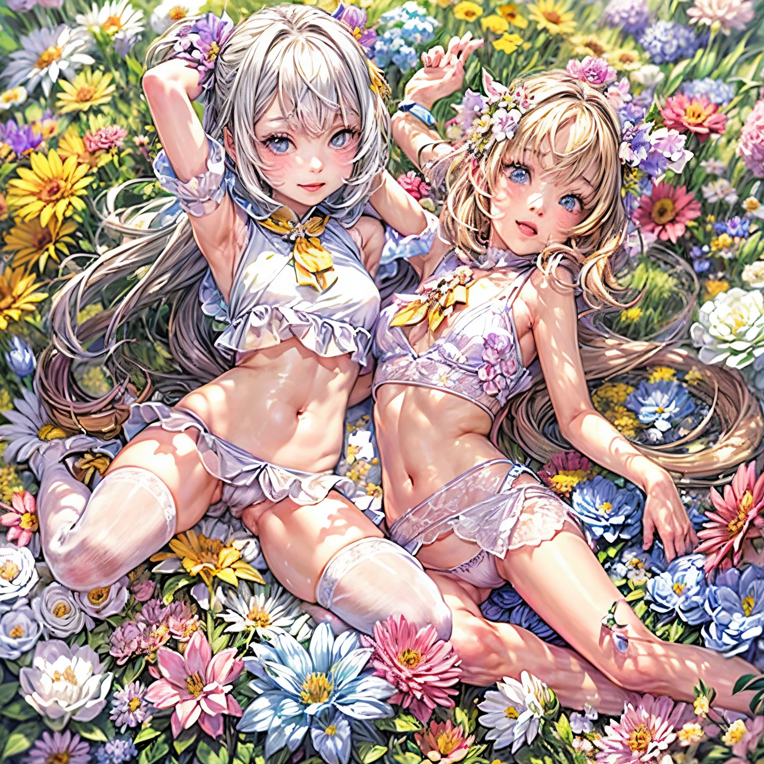 (((4 KAWAII girls laying in a colorful flower space, full of flowers))), ((SFW)), (Acutance), (Exposed:1.2), (Nipple:-0.9), (Detailed KAWAII Face variations), { Sailor collar Uniform | Delicate white lace knitted wear | Delicate bikini made only from flowers }, { Swaguchi Aika | Navel | pretty Ass | Overflowing sideboob | laying on stomach }, { laughing | evil smile | :D }, ( oiled glistening skin), (fullbody:1.2), various color hair, {short bob|bung hair|low twin tail hair}, dynamic angle,  {White| Red | gold | vivid colors }, 8K finest-quality, ultra-detailed, ( realistic, (photorealistic:1.37), touch of rawness ), an extremely delicate and beautiful, (( covering girl's body with (many many flowers:1.37))), ( no extra limbs ) .