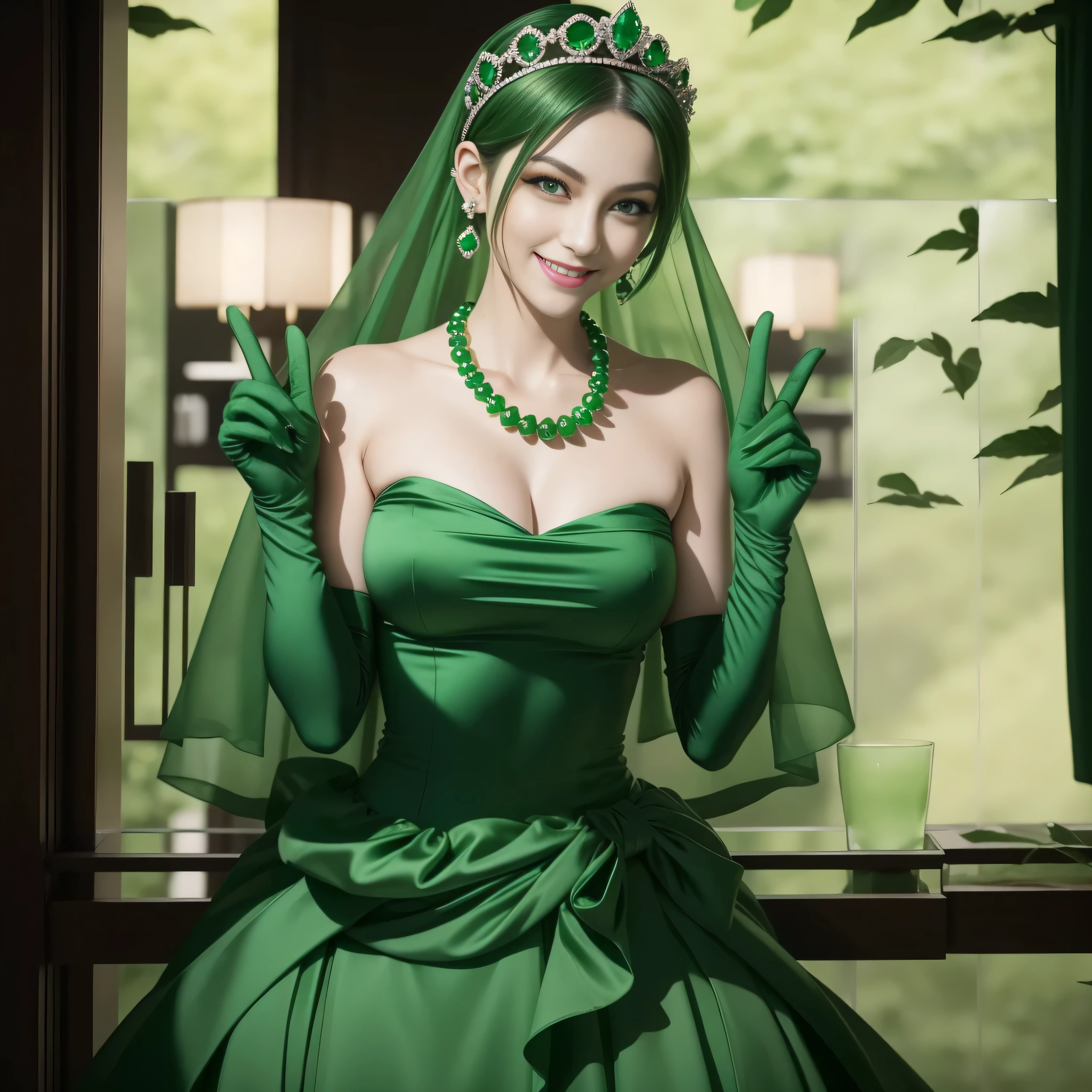 emerald tiara, Green Pearl Necklace, Boyish very short green hair, lipsticks, Japan woman smiling, very short short hair, beautiful, Green eyes, Long green gloves made of satin material, Green eyes, Emerald Earrings, green vale, v sign