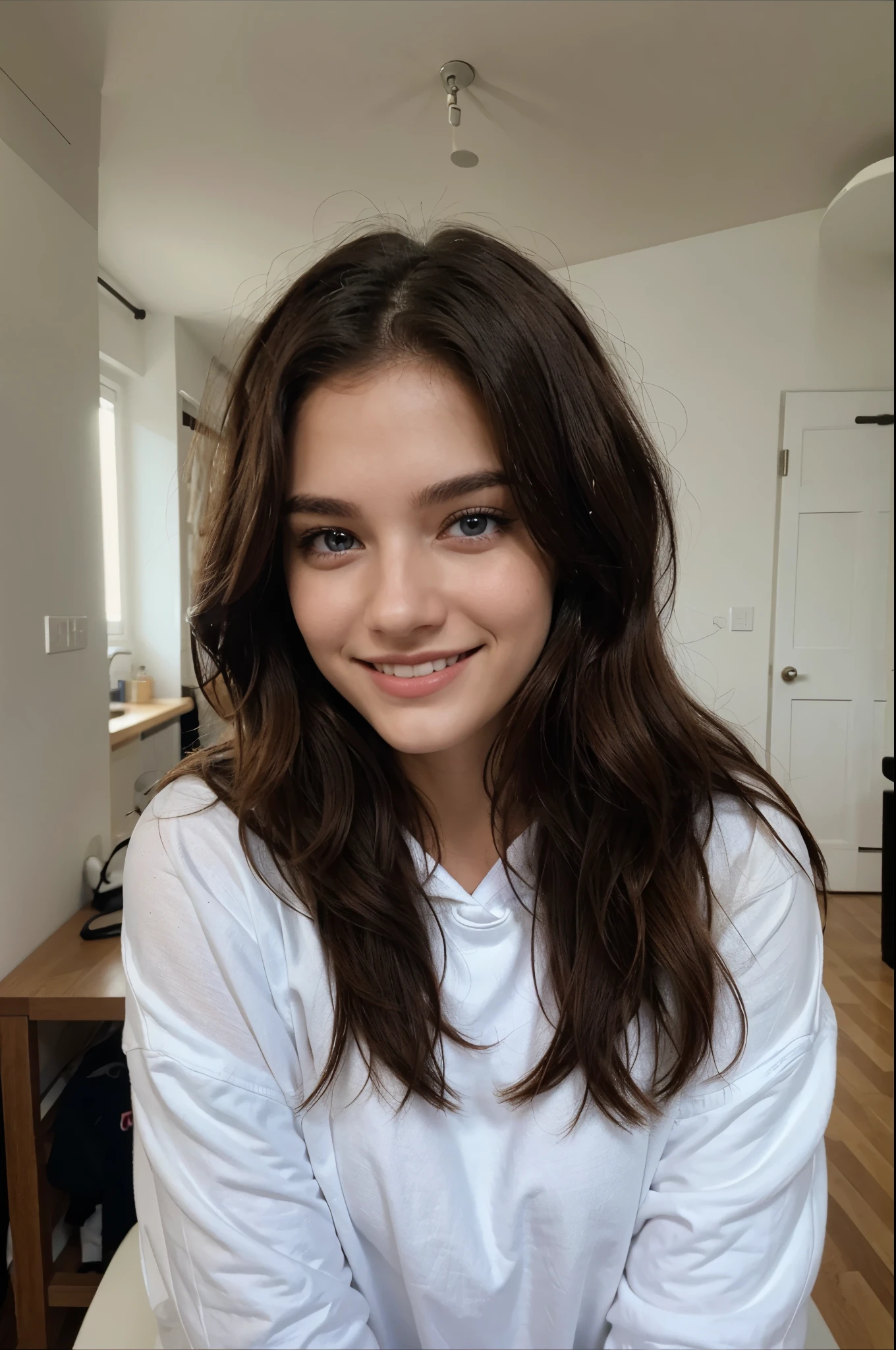 american 19 year old beautiful model, wearing white oversized hoodie, smiling and posing in a room, long curly brown hairs, blue eyes, happy face, realistic photography