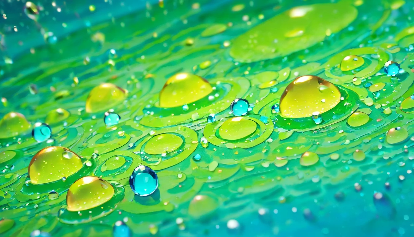 an abstract shot of water droplets on a vibrating surface, with multiple droplets creating unique and unpredictable patterns, showcasing the chaos and beauty that arises from the influence of vibration on water