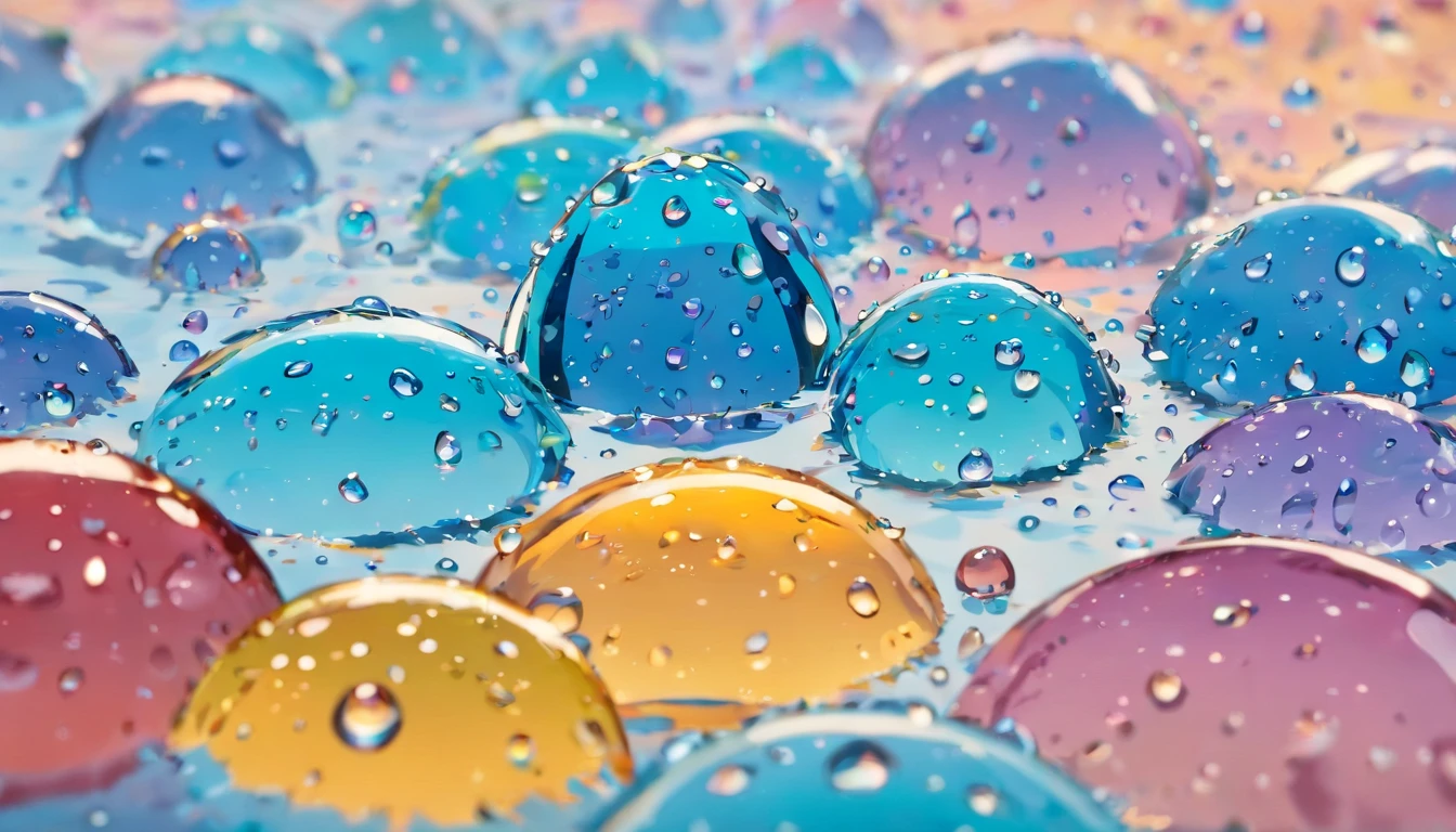 an abstract shot of water droplets on a vibrating surface, with multiple droplets creating unique and unpredictable patterns, showcasing the chaos and beauty that arises from the influence of vibration on water