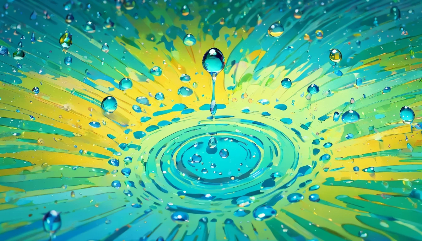 an abstract shot of water droplets on a vibrating surface, with multiple droplets creating unique and unpredictable patterns, showcasing the chaos and beauty that arises from the influence of vibration on water