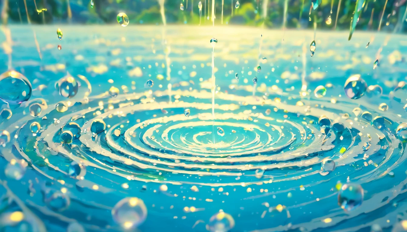 an abstract shot of water droplets on a vibrating surface, with multiple droplets creating unique and unpredictable patterns, showcasing the chaos and beauty that arises from the influence of vibration on water