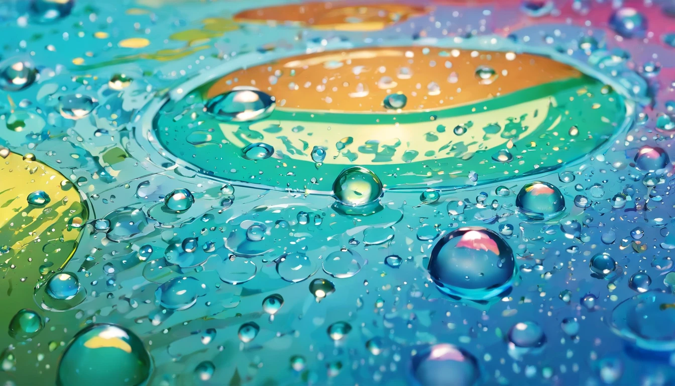 an abstract shot of water droplets on a vibrating surface, with multiple droplets creating unique and unpredictable patterns, showcasing the chaos and beauty that arises from the influence of vibration on water