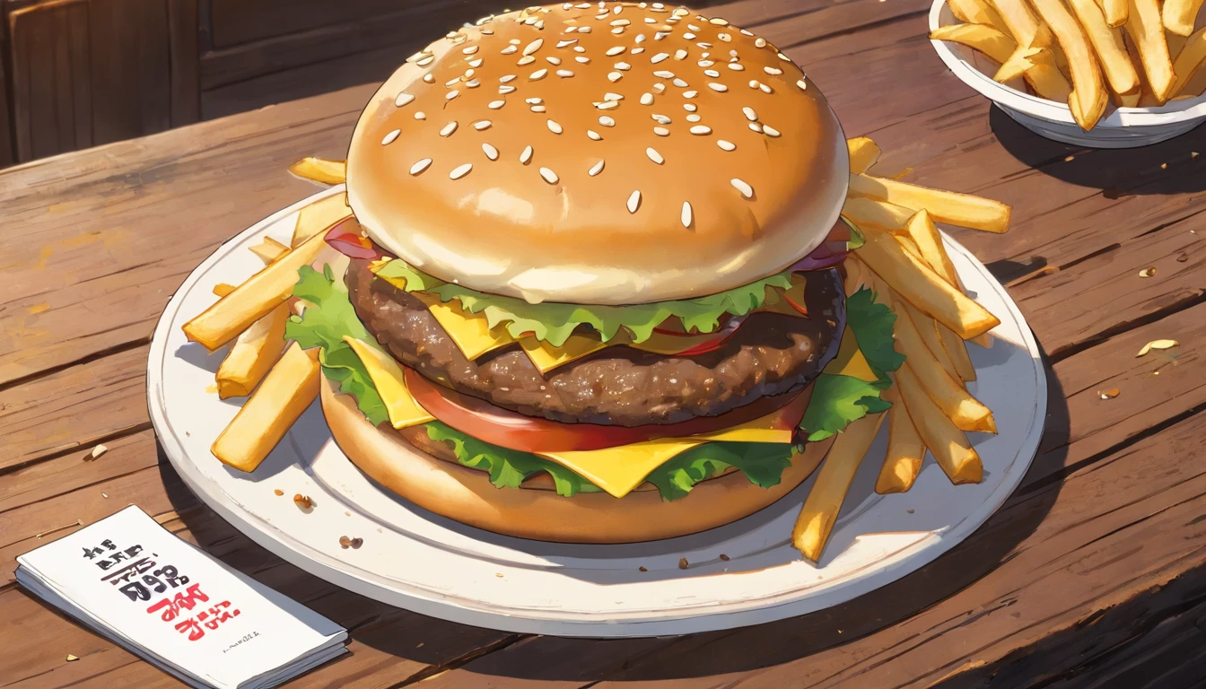 a top-down shot of a cheeseburger on a rustic wooden table, with sesame seeds sprinkled on the bun and a side of crispy golden fries, creating a classic American diner aesthetic