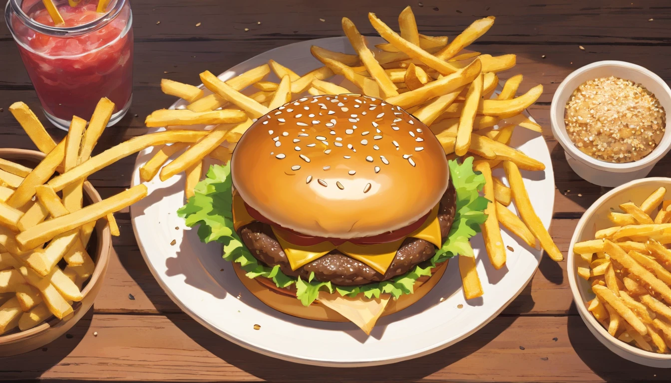a top-down shot of a cheeseburger on a rustic wooden table, with sesame seeds sprinkled on the bun and a side of crispy golden fries, creating a classic American diner aesthetic