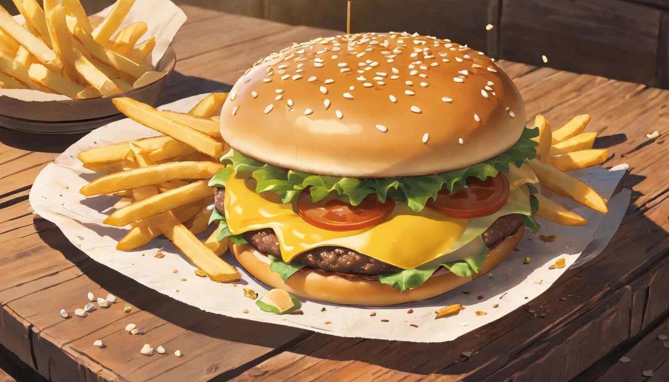 a top-down shot of a cheeseburger on a rustic wooden table, with sesame seeds sprinkled on the bun and a side of crispy golden fries, creating a classic American diner aesthetic