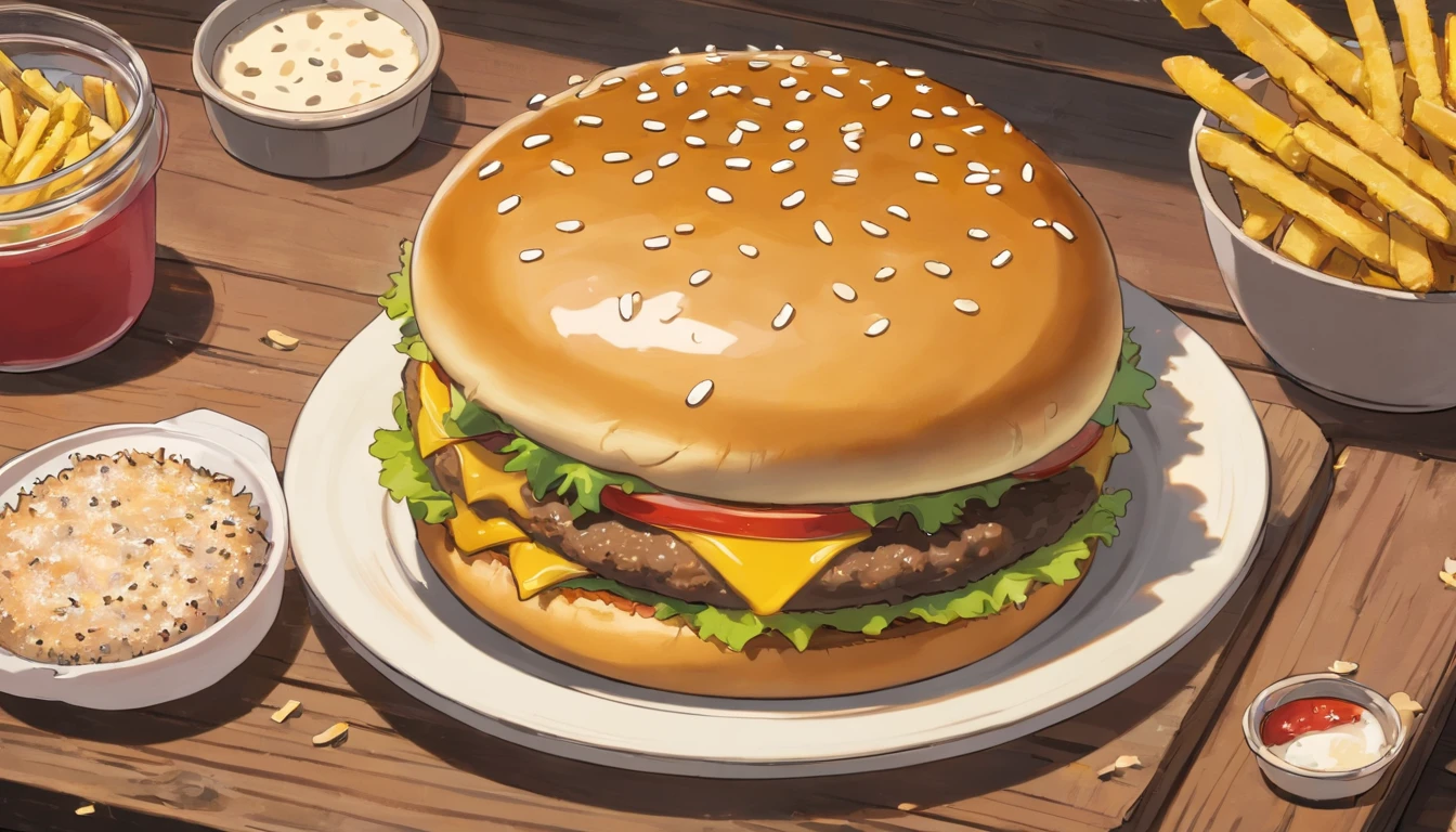 a top-down shot of a cheeseburger on a rustic wooden table, with sesame seeds sprinkled on the bun and a side of crispy golden fries, creating a classic American diner aesthetic