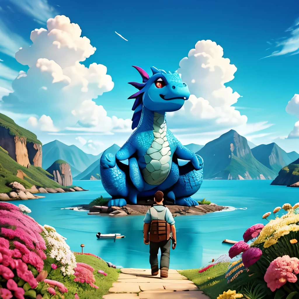 A man walks towards the Eastern Dragon on the water, light sky blue and magenta style, Expressive comic style, flowerpunk, gigantic scale, Noah Bradley