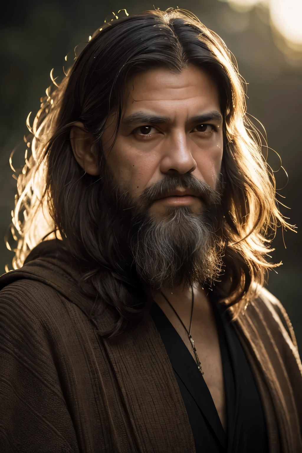 ((Looking directly at camera lens)), close to face, best quality, highres, hires, skin definition, detailed skin, detailed deep caring eyes, Clark Gable, Esai Morales, George Clooney, detailed face, (Caucasian:1.5), lifelike, 4k, 8k, (photorealistic:1.5), realistic, uhd, a tall, ((long flowing white beard and hair)), dressed in robes. The style of the image is fantastical and epic, with an air of wisdom and power emanating from the character. The dramatic lighting and intense gaze of contribute to the overall sense of mystery and grandeur in the image.