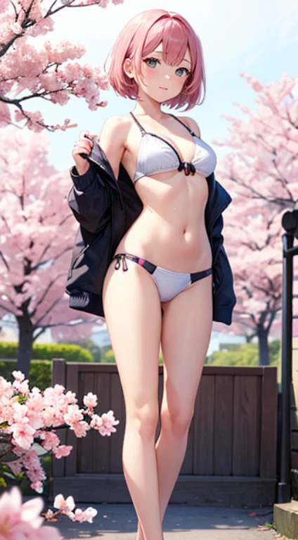 masutepiece, fullllbody, 1girl in, Solo, Standing, Pink tones, Manga style, pink cherry blossoms nearby,14years, Pink hair、swim wears, The navel is visible、(White background), Looking at the viewer, side front pose