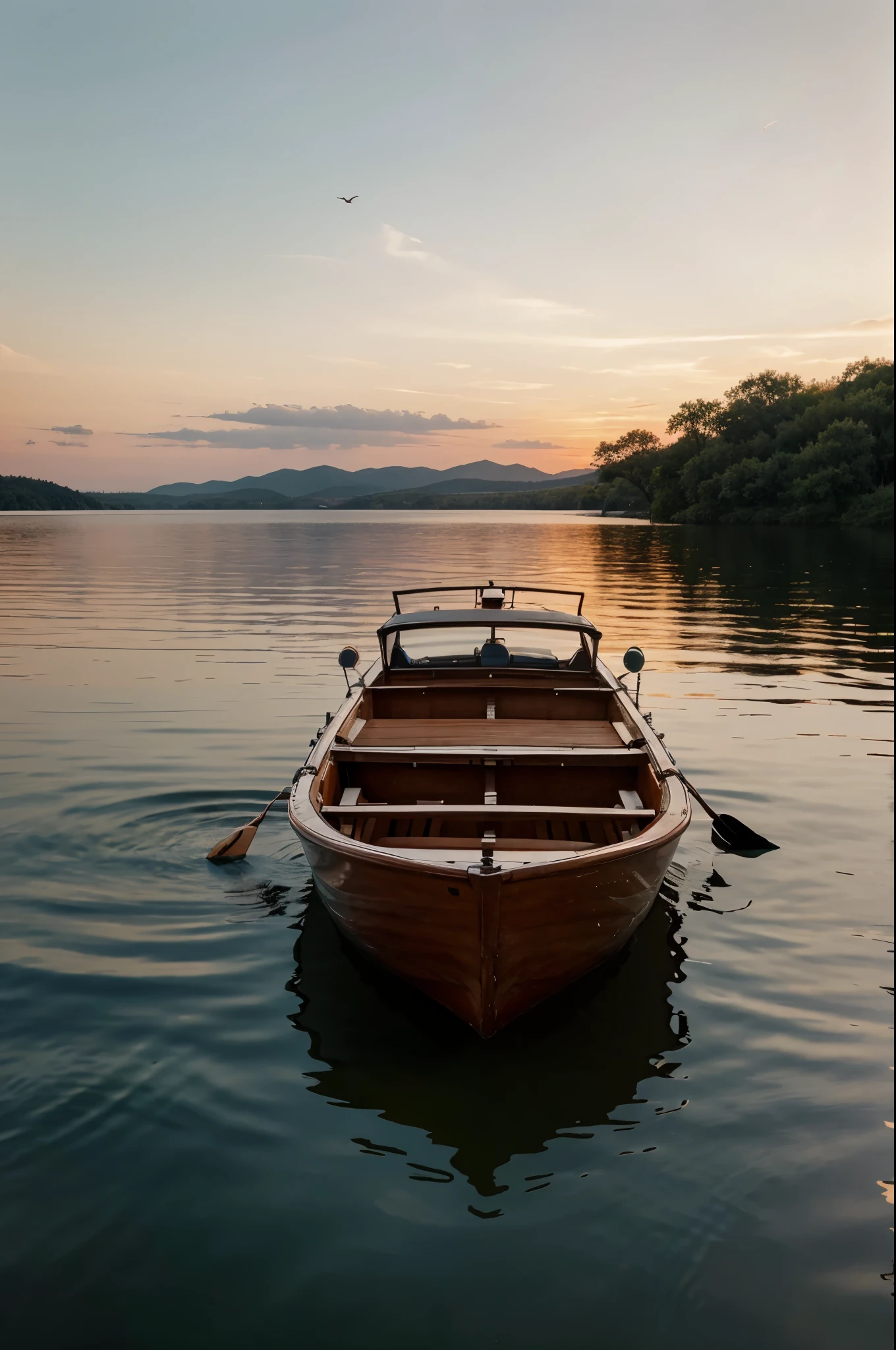 "Imagine a peaceful scene at sunset, with a serene lake surrounded by shady trees. The sky is tinged with soft shades of orange and pink, reflecting in the calm water. There's a small boat adrift, while birds fly in formation on the horizon. Create a visual representation of this serene moment."