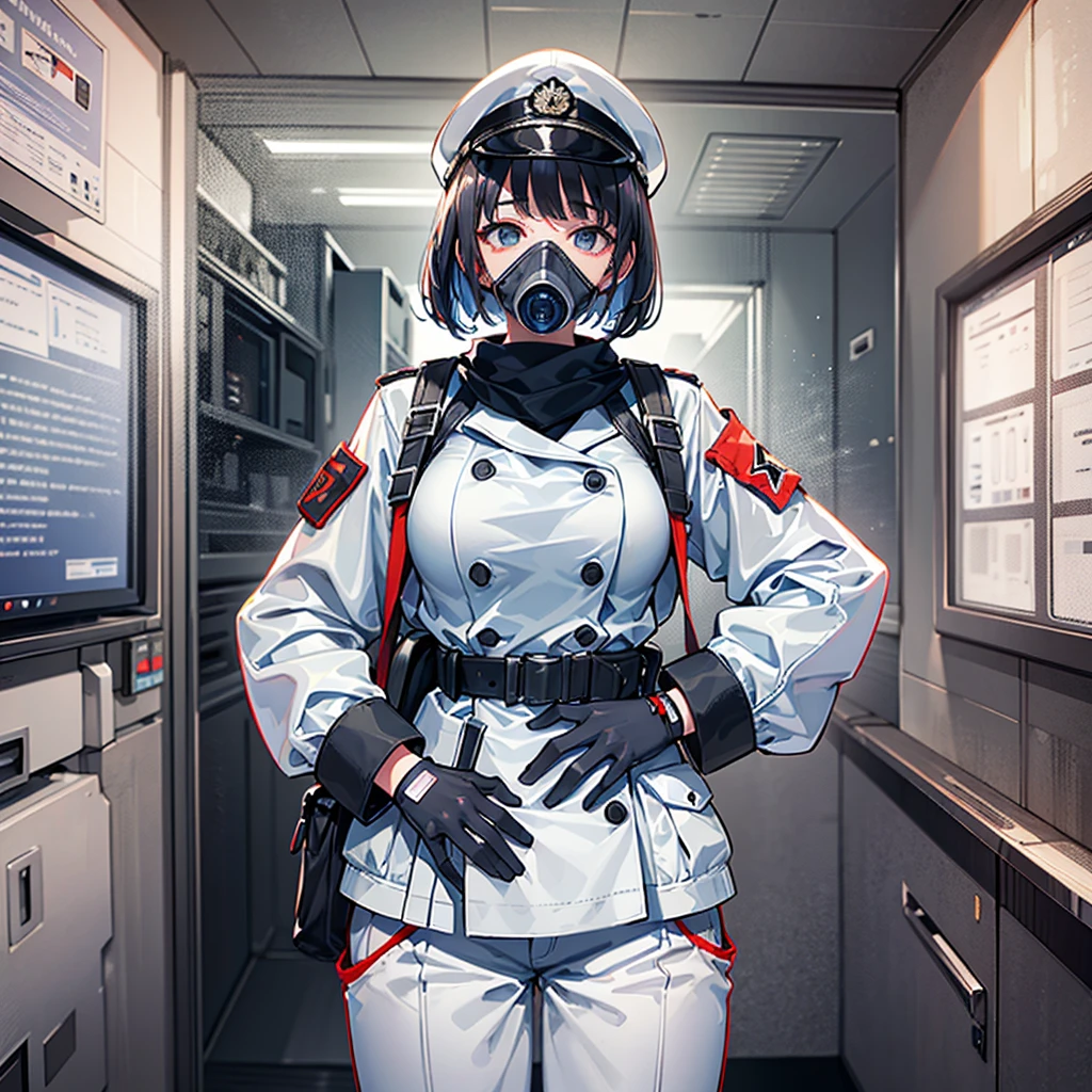 ((Masterpiece)), ((Highest Quality)), ((Best Quality)), (Illustration of One Girl), Full Body, Black Hair Bob Cut, (((Gas Mask Covering Face)), (Tall)), ((Military Uniform)), ((Army Uniform)), (Military Uniform)), (Military Hat)), ((Military Cap)), Army Coat, (White Clothes), (White Trousers), (White Hat), (Black Trench Coat), (((Inside the Spaceship)), ( Earth outside the window, in space, as seen from space)