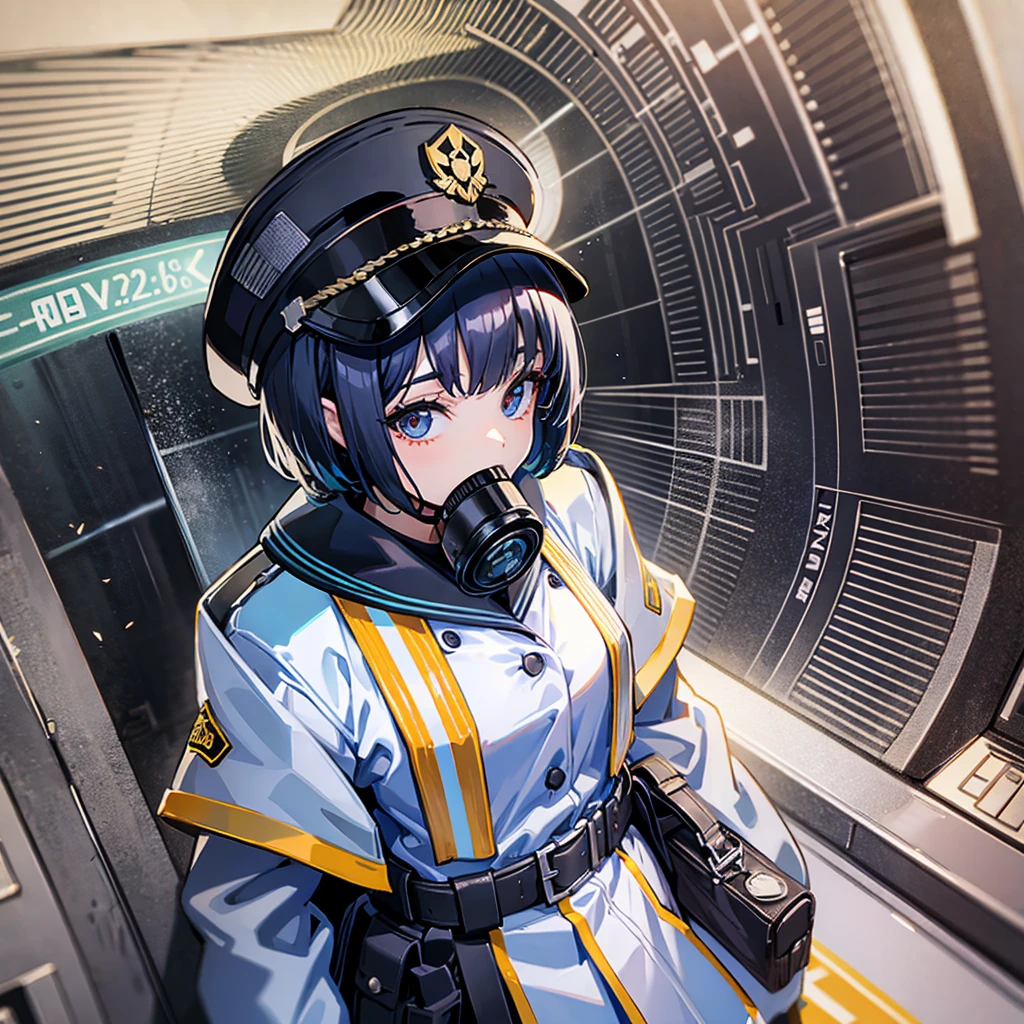 (((masterpiece、Top image quality、top-quality、highly detailed unity 8kwall-paper)))、(Illustration of one woman)、30-years old、(Viceroy)、((Black hair bob cut))、(((Gas mask covering the mouth)))、(((Gas mask covering the mouth)))、Gray eyes、((Tall))、((huge tit))、((Military uniforms))、((Military Cap))、((Military coat))、(white clothes)、(White pants)、(White cap)、trench coat、(((Inside a futuristic spaceship、Inside the bridge、The Universe on the Monitor)))