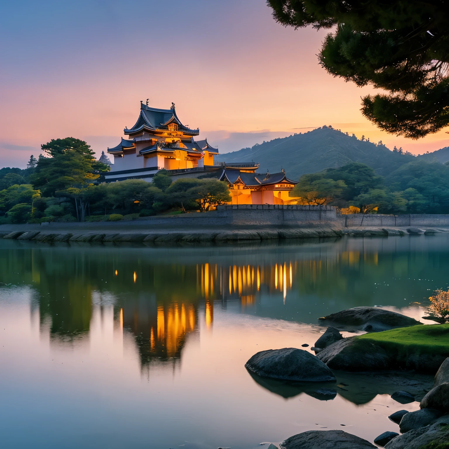 Arafed view of a castle in the middle of a lake at dusk - SeaArt AI