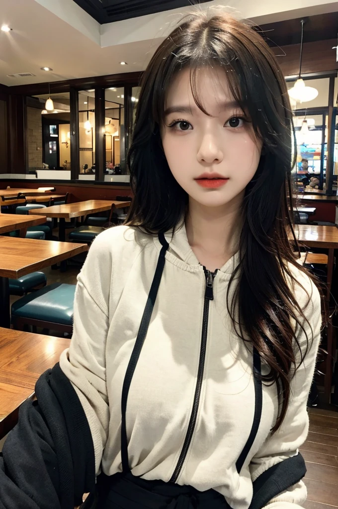 Uji Film XT3, 8K,close up photograph, tmasterpiece, Best quality at best, (((1 girl))), Alone,actual, ((looking at viewert)), Photo-realistic txt extremely detailed faces), looking at viewert, ((ultra - detailed的眼睛和瞳孔)), ultra - detailed,sad expressions, ((in a restaurant setting)), hoody, longer sleeves,