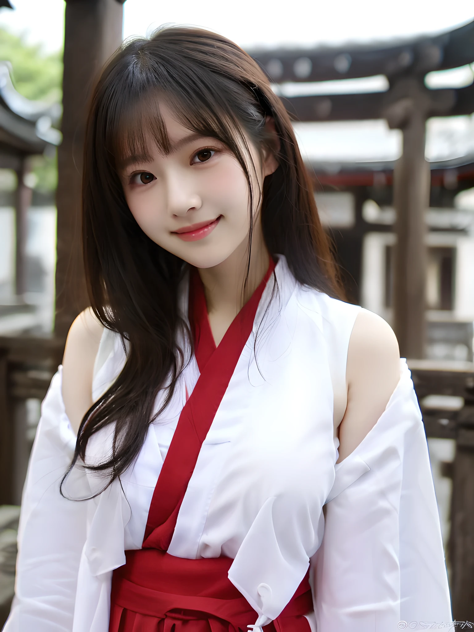 ulzzang -6500-v1.1,(masutepiece, top-quality:1.3),(Top image quality,8K:1.3),Realistic high-quality photos,top-quality,Real, Photorealistic, 8K, High resolution, BREAK 1 Japanese girl, 18 years old,Beautiful Girl, extra details black eyes, Very detailed face, Floating hair, Solo Standing, shrine maiden, shrine maiden_Clothes, Red Hakama, shrine maiden_Dress, (Black hair) Bangs, blush gentle smile, Large breasts, BREAK Shrine , Detailed background,