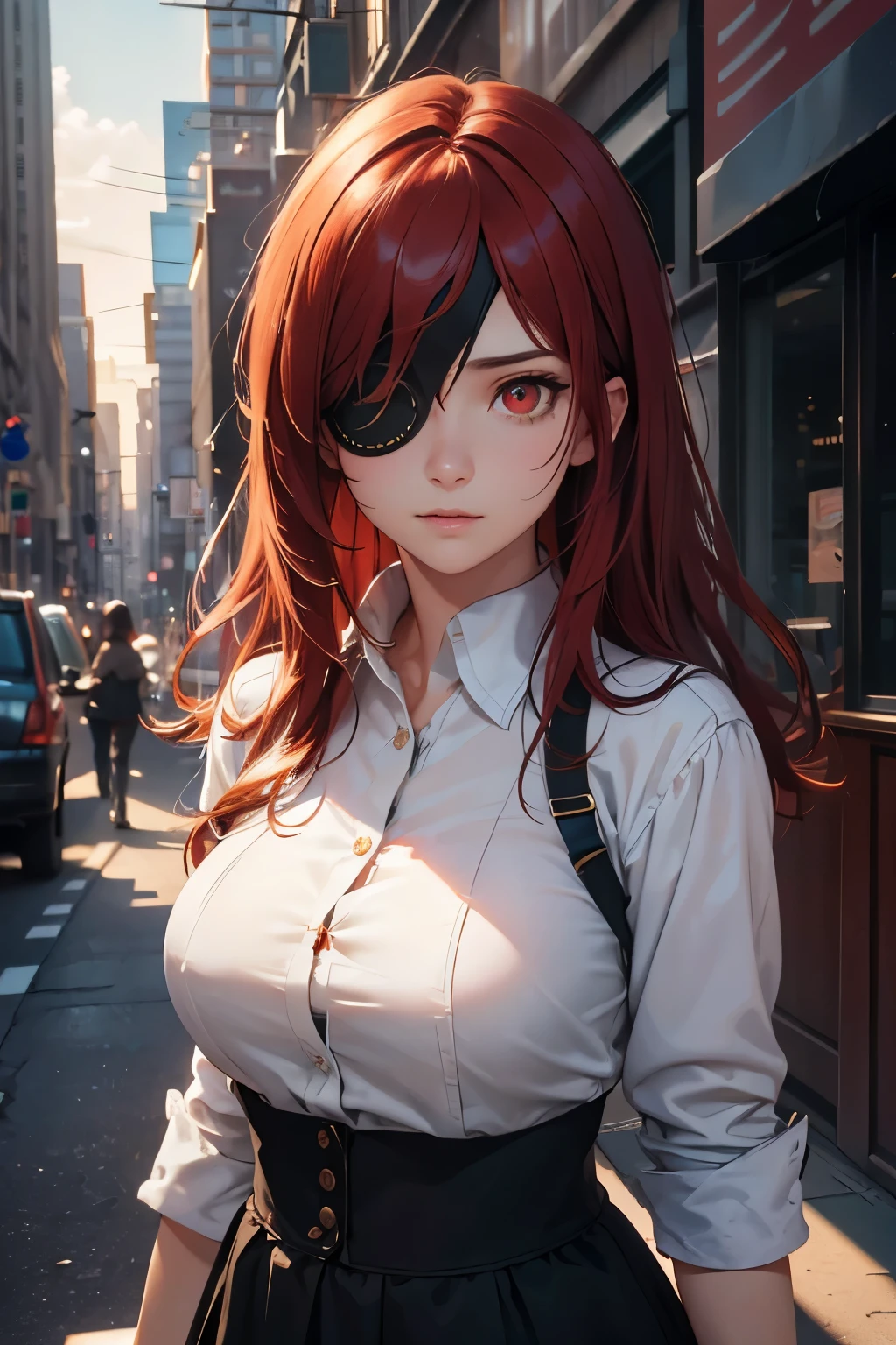 (best quality, masterpiece, official art, highres:1.2), extremely detailed CG unity 8k wallpaper, ultra detailed, portrait shot of slutty girl, eye contact, large breasts, short shirt, city background, red hair, long hair, eyepatch, red eyes, Hwa Ryun, Photorealistic, Hyperrealistic, Hyperdetailed, analog style, detailed skin, matte skin, soft lighting, subsurface scattering, realistic, heavy shadow, masterpiece, best quality, ultra realistic, 8k, golden ratio, Intricate, High Detail, film photography, soft focus, hollow eyes