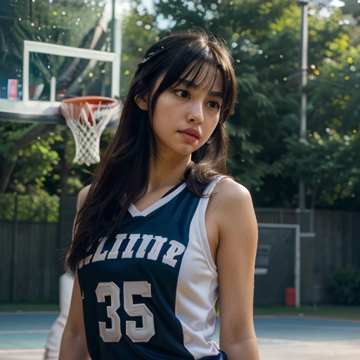 (8k, Best Quality, Masterpiece: 1.2), (Realistic, Realistic: 1.37), Ultra Detailed, Best Quality, Ultra High Resolution, Professional Lighting, Photon Mapping, Radiosity, Physically Based Rendering, Cinematic Lighting, Basketball court, depth of field, clear focus, sunlight, good composition, (bokeh: 1.2) 1girl, solo, (full body), (closed mouth), beautiful and detailed eyes, pose, narrow waist, basketball uniform, black hair , messy hair, long hair blowing in the wind, (ulzzang-6500:1.2) mix4, hiqcgbody