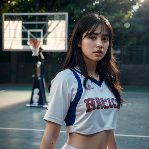(8k, Best Quality, Masterpiece: 1.2), (Realistic, Realistic: 1.37), Ultra Detailed, Best Quality, Ultra High Resolution, Professional Lighting, Photon Mapping, Radiosity, Physically Based Rendering, Cinematic Lighting, Basketball court, depth of field, clear focus, sunlight, good composition, (bokeh: 1.2) 1girl, solo, (full body), (closed mouth), beautiful and detailed eyes, pose, narrow waist, basketball uniform, black hair , messy hair, long hair blowing in the wind, (ulzzang-6500:1.2) mix4, hiqcgbody