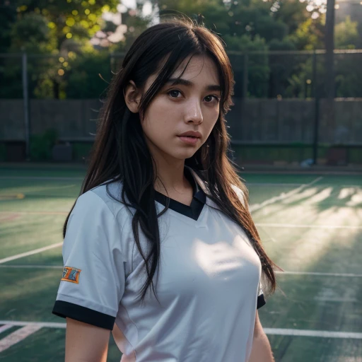 (8k, Best Quality, Masterpiece: 1.2), (Realistic, Realistic: 1.37), Ultra Detailed, Best Quality, Ultra High Resolution, Professional Lighting, Photon Mapping, Radiosity, Physically Based Rendering, Cinematic Lighting, Basketball court, depth of field, clear focus, sunlight, good composition, (bokeh: 1.2) 1girl, solo, (full body), (closed mouth), beautiful and detailed eyes, pose, narrow waist, basketball uniform, black hair , messy hair, long hair blowing in the wind, (ulzzang-6500:1.2) mix4, hiqcgbody