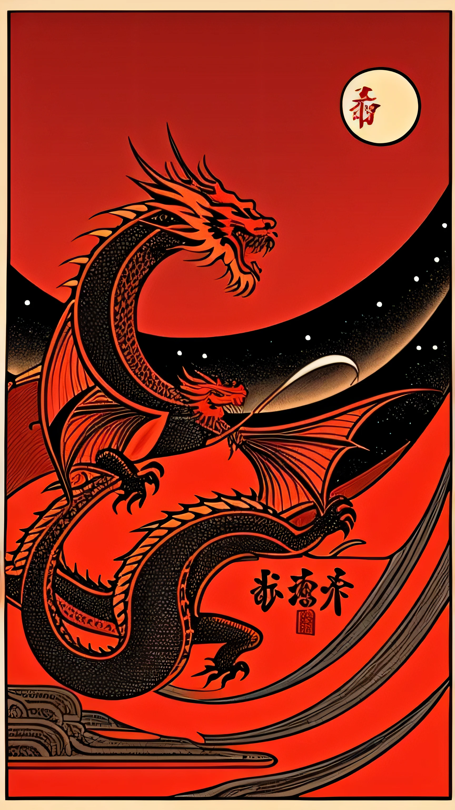 new year 2024&#39;The card,The dragon、Red background、ポストThe card、ukiyoe painting