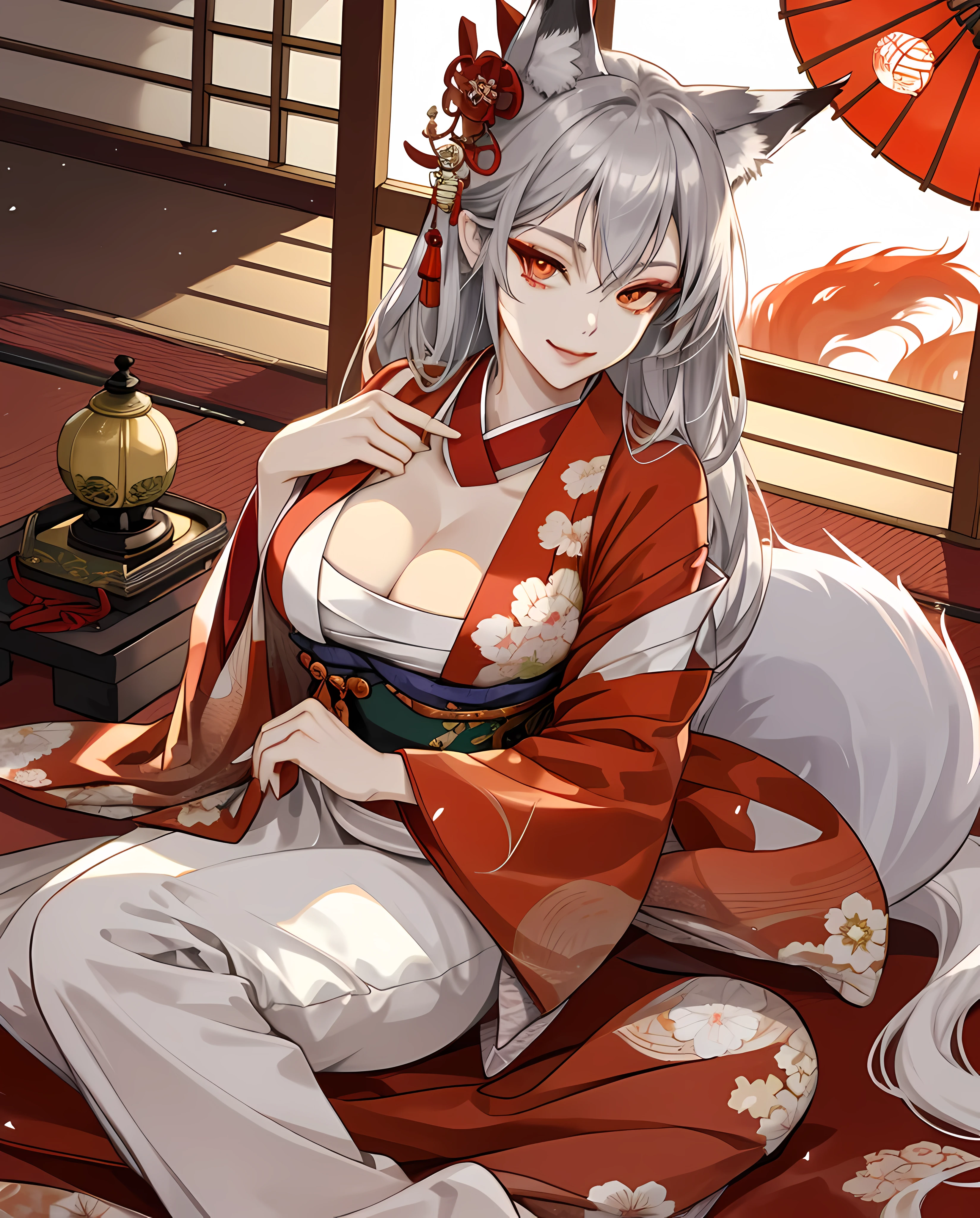 Oiran&#39;s masterpiece,Alone,nine tail fox , The beautiful, top-quality, Chopping, fanciful,sliver long hair,hair adornments, Bigchest部, Bigchest,Elegant, Charming giggle ,fox ear, Big ruby-like eyes,Japanese traditional long skirt (komono,Exquisite, Multi-layered)), Apply red eyeliner on lower eyelids,Recumbent position, Rest your head on your hands,Bow ribbon tied around neck,Night view of old Japan&#39;s Edo period