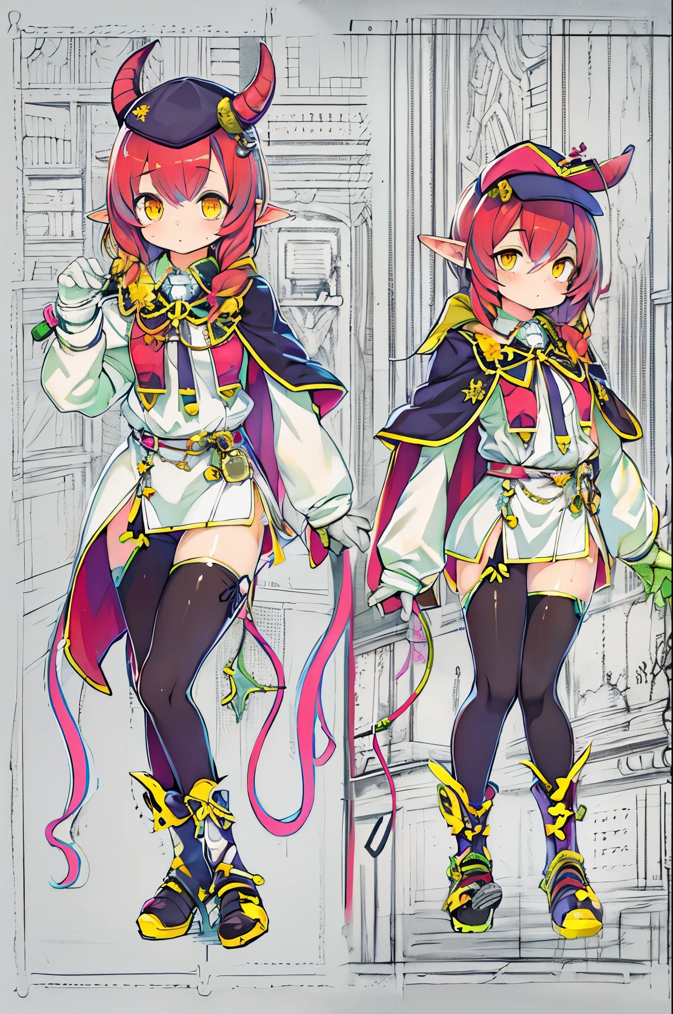 masutepiece, Best Quality, 1girl in, Solo, Yellow eyes, Red hair, tiny chest, Demon Girl, demon tail, Demon Wings, small demonic horns, pointy ear, (tiny chest), (flat chest), Twin-tailed, Bat hair ornament, Cape, White shirt, White legwear, stuffed toy, plushies, beret, gloves, Bangs, hat