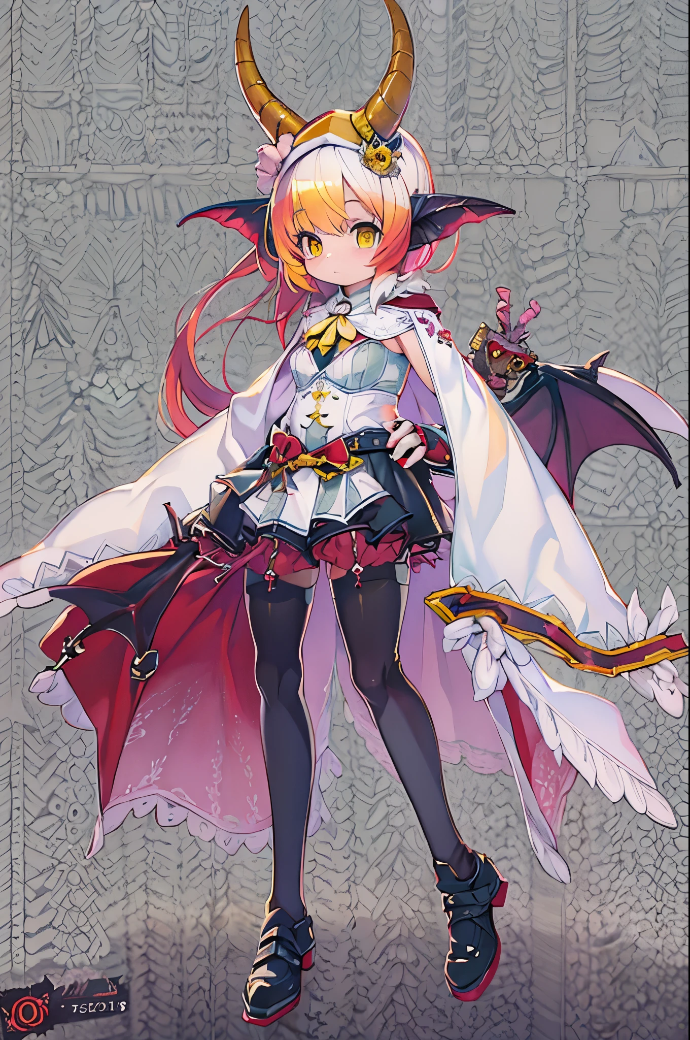 masutepiece, Best Quality, 1girl in, Solo, Yellow eyes, Red hair, tiny chest, Demon Girl, demon tail, Demon Wings, small demonic horns, pointy ear, (tiny chest), (flat chest), Twin-tailed, Bat hair ornament, Cape, White shirt, White legwear, stuffed toy, plushies, beret, gloves, Bangs, hat