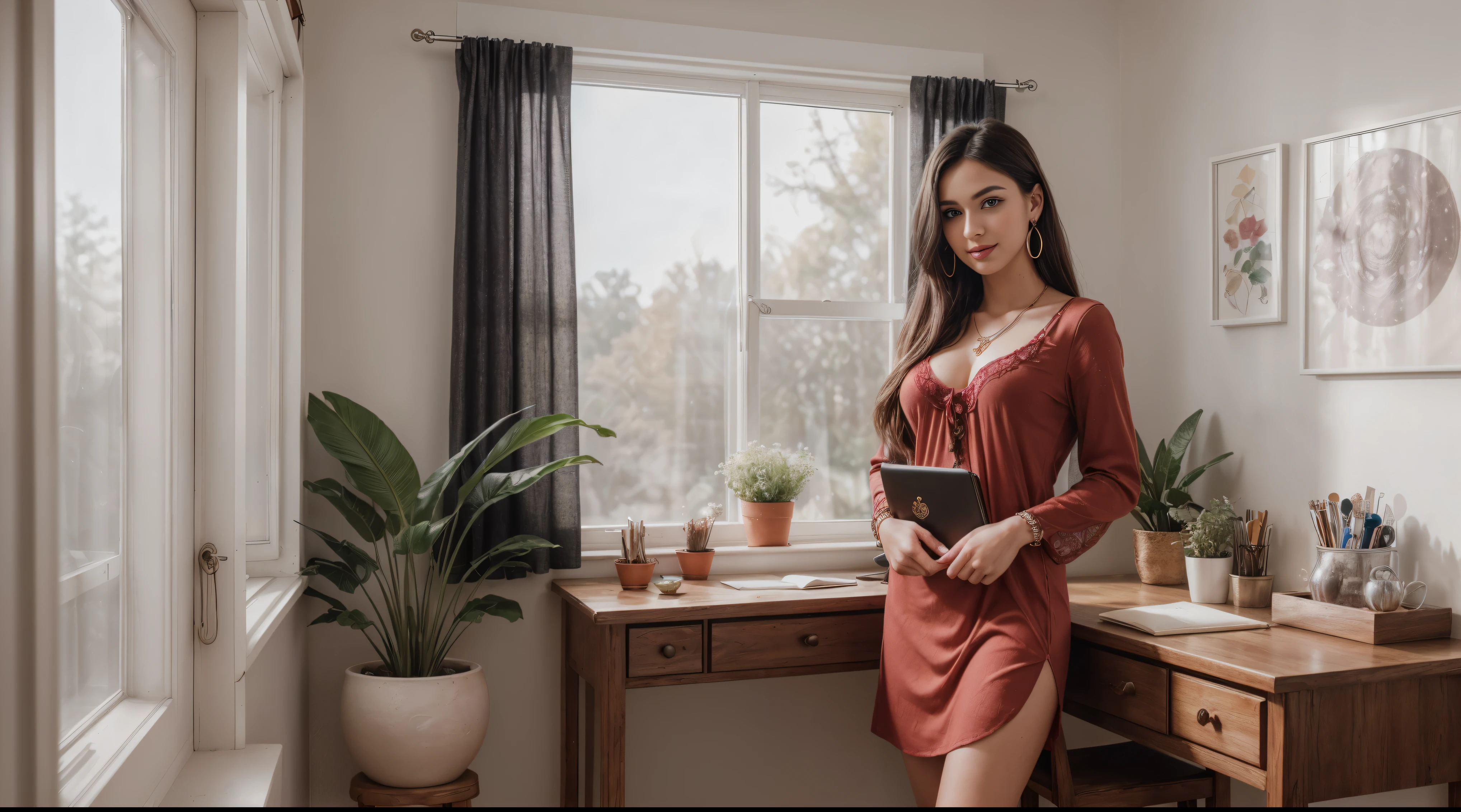 8k, masterpiece, RAW photo, best quality, photorealistic, extremely detailed CG unity 8k wallpaper, Depth of field, Cinematic Light, Lens Flare, Ray tracing, (extremely beautiful face, beautiful lips, beautiful eyes), intricate detail face, ((ultra detailed skin)) 1girl, 17years old, studying in her aesthetic room, deep shadow, [Raiana-Elizabeth-Dilla], pretty girl, (very slim slender fit-muscled body:1.3), ((looking at viewer)),(big smile:1), (sexy ((ultra-short ((red:1.3)) bohemian-style mini-shirt-dress, traditional fashion),(without people in the background:1.3), girl studying in her aesthetic room, cozy atmosphere, natural lighting, vintage furniture, inspiring quotes on the walls, plants and flowers on the windowsill, warm color palette, soft and comfortable seating area, beautiful artwork on the walls, dainty desk accessories, organized bookshelves, a cup of coffee on the table, dreamy curtains, fairy lights, motivational books and stationery, a cozy blanket, a laptop and notebooks on the desk, a peaceful and calm ambiance, serene music playing in the background. beautiful earrings, bracelets, necklace, clear eyes, (pale skin), (big eyeace forward, ((full body cinematic shot)), (black hairs), (looking at viewer:1.3) open breast, very slim, large breasts, touching the breast, highly detailed, ultra realistic,