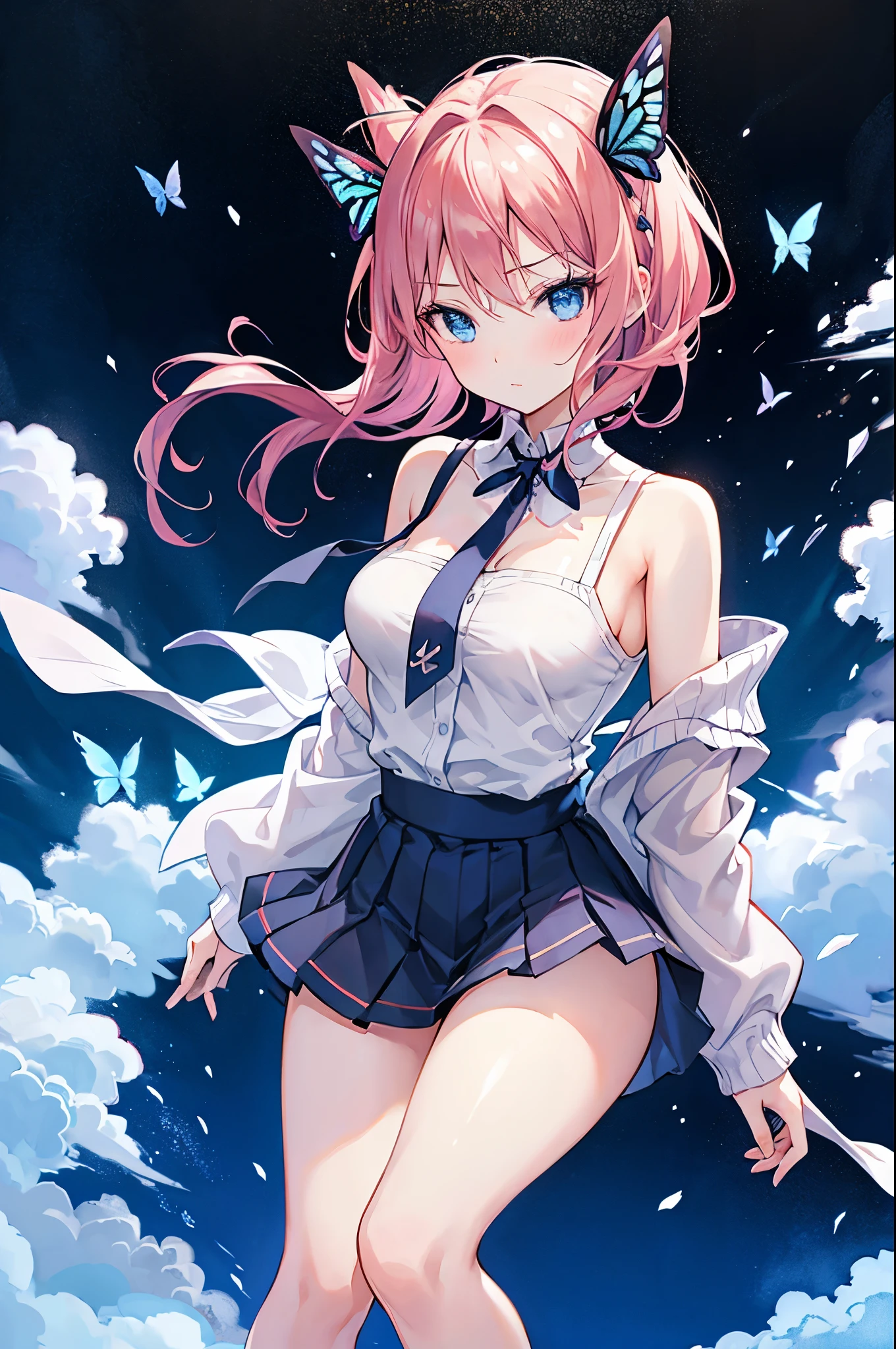 Detailed image, realistic image, 1 girl, short salmon colored hair, combed with two butterfly shaped accessories on both sides of her hair, blue eyes with long eyelashes, cute oval face, small breasts, curvy body. she is wearing an off-shoulder shirt, pleated mini skirt, stockings to mid-thigh, sneakers. Full body view, black background, uniform background, ambient light, volumetric light,