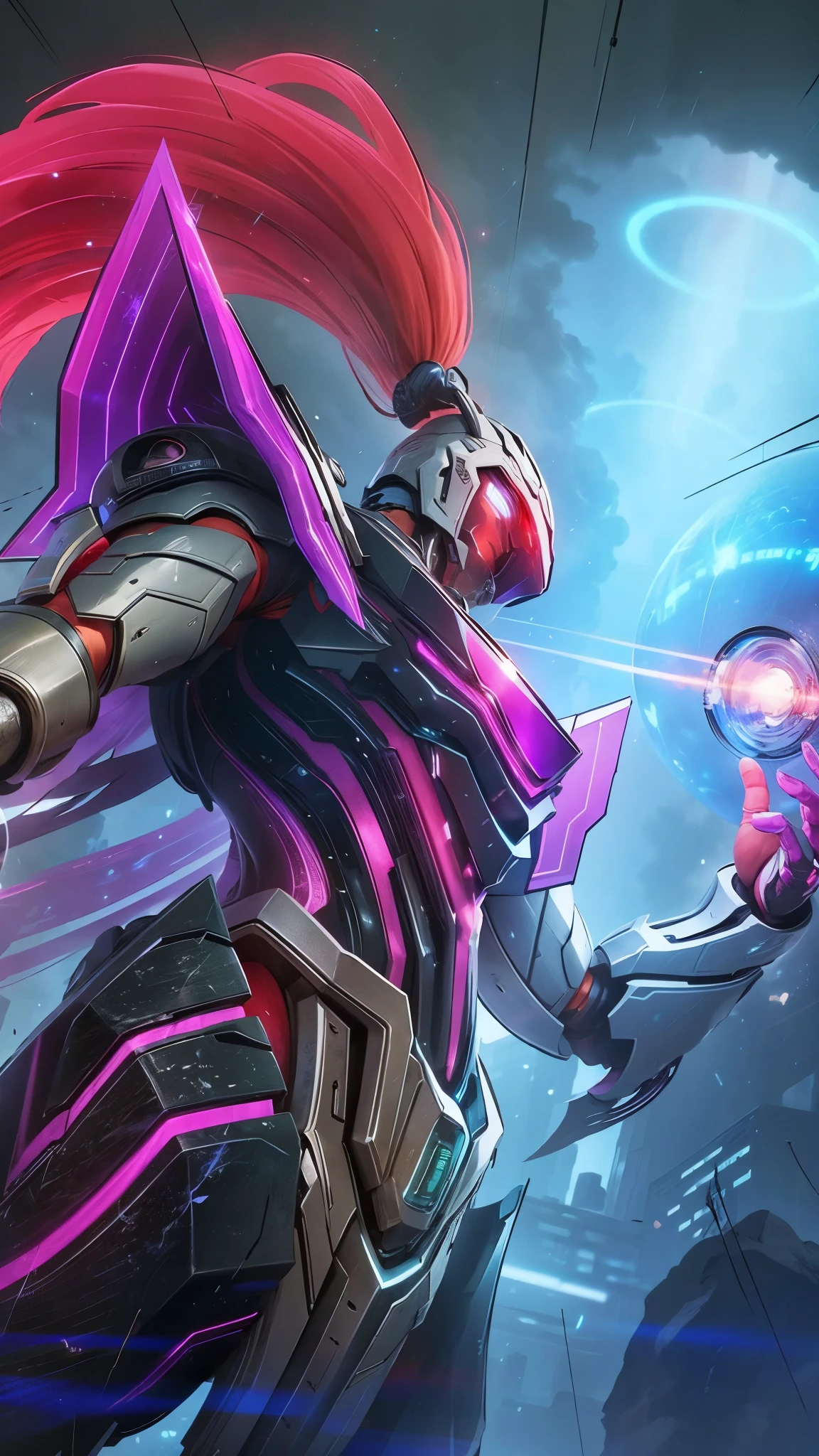 Sima Yi's purple mecha realistic version,His mind controlled the energy scythe,Behind it is an endless abyss(Draw only the upper body)