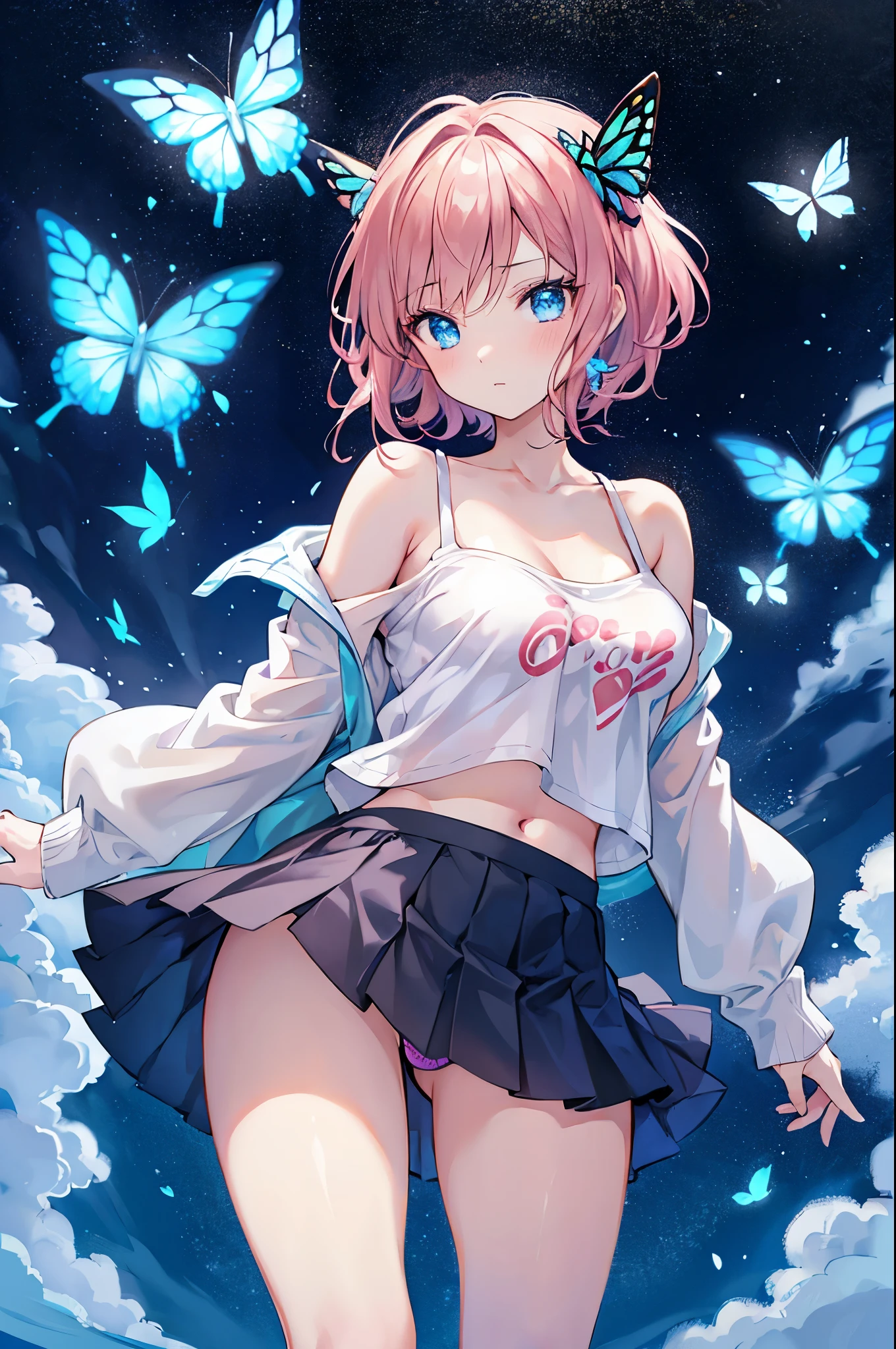 Detailed image, realistic image, 1 girl, short salmon colored hair, combed with two butterfly shaped accessories on both sides of her hair, blue eyes with long eyelashes, cute oval face, small breasts, curvy body. she is wearing an off-shoulder shirt, pleated mini skirt, stockings to mid-thigh, sneakers. Full body view, black background, uniform background, ambient light, volumetric light,