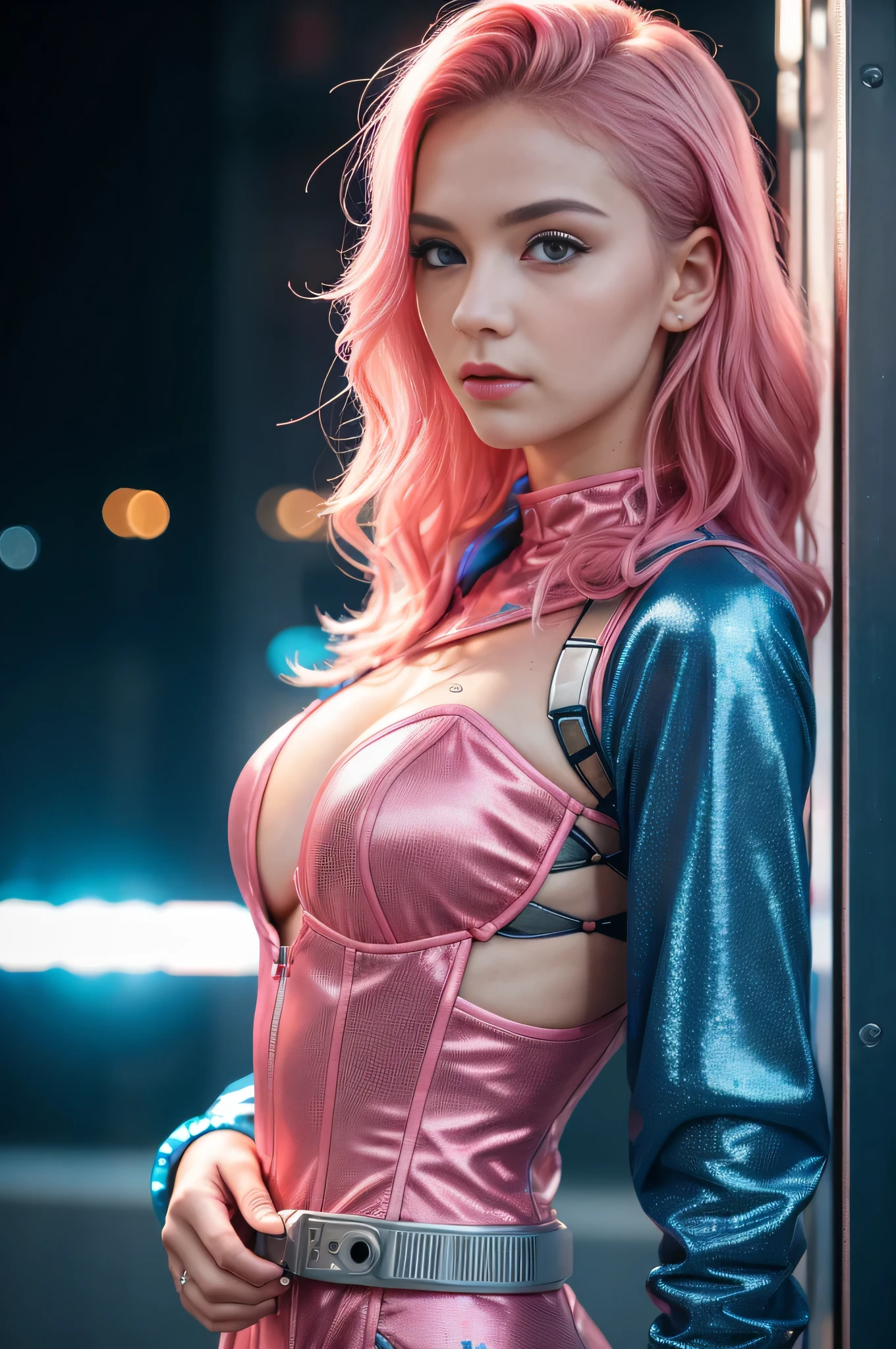 Mulher bonita de 19 anos, ondulado, cabelo rosa, olhos azuis detalhados, Rosto detalhado, camera ready, Pele de alto detalhe, corpo compacto forte, (average cup size), usando vestido cyberpunk com muitos detalhes, cor rosa, fundo futurista da cidade cyberpunk, Enevoado, humid, Chovendo, Melhor Qualidade de Obra-Prima, foto realista, intrinsecamente detalhado, 8k, HDR, profundidade de campo rasa, luz ampla, alto contraste, luz de fundo, Sinalizadores de luz, chromatic aberration, foco nítido, Foto colorida RAW, looking at the camera, various pose