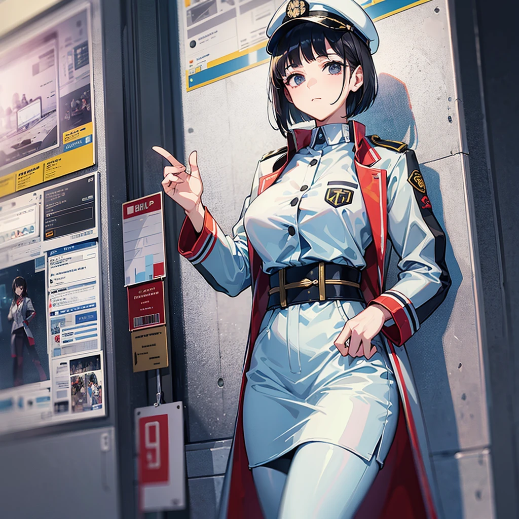 （（（​masterpiece、Top image quality、top-quality、highly detailed unity 8ｋwall-paper）））、（Illustration of one woman）、30-years old、（Viceroy）、（（Black hair bob cut））、（（（Gas mask covering the mouth）））、（（（Gas mask covering the mouth）））、Gray eyes、（（Tall））、（（huge tit））、（（Military uniforms））、（（Military Cap））、（（Military coat））、（white  clothes）、（White pants）、（White cap）、trench coat、（（（Inside a futuristic spaceship、Inside the bridge、The Universe on the Monitor）））