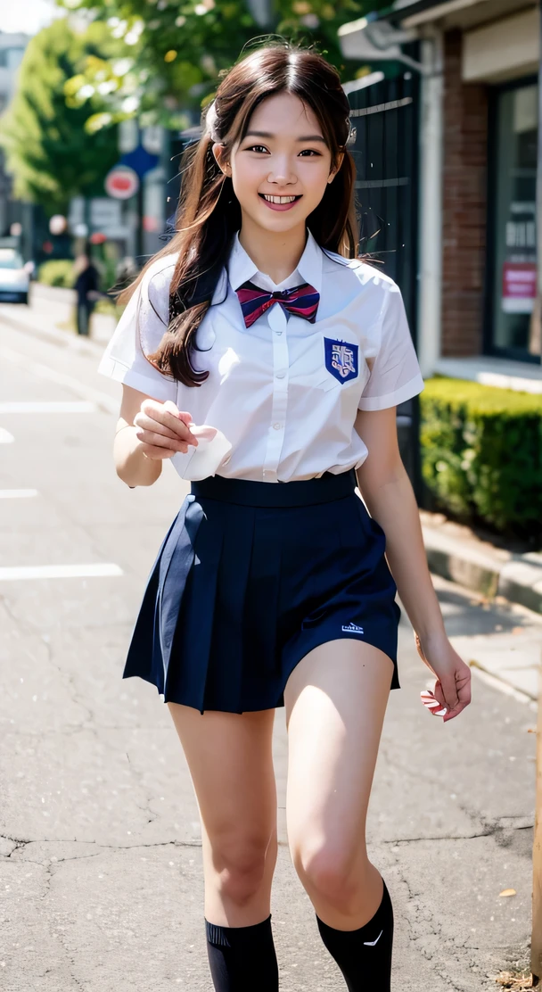8k, best quality, masterpiece, realistic, ultra detail, photography, HDR, ROW photo, highres, absurdres, cinematic light, official art, High-definition, depth of field,
full body, beautiful legs, slender, cute face, smile, beautiful details eyes, 19years old korean, pretty, Double buns with lavender color,
school uniform, street, morning, running,