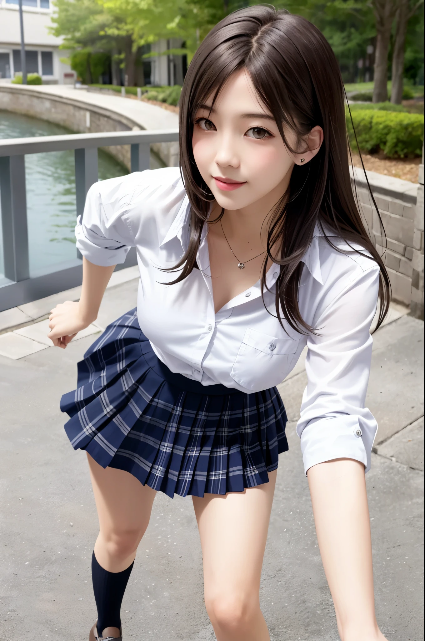 (top quality, masutepiece: 1.1), (Realistic: 1.3), BREAK (((FF7,Tifa_lockhart))),(solo,Tifa:1.2),(japanese ,high school student,school uniform, Plaid pleated skirt:1.5,button-down white shirt:1.3) ,(autumn,walking, outdoor),(sexy pose:1.3),Ultra-detailed face, Detailed eyes,Red eyes, BREAK (((FF7,Tifa_lockhart))),(light brown hair, Large breasts: 1.2), BREAK (Small and beautiful hard nipple) About 18 years old,kawaii,happy smile,zettai_ryouiki:1.1,full body,side view