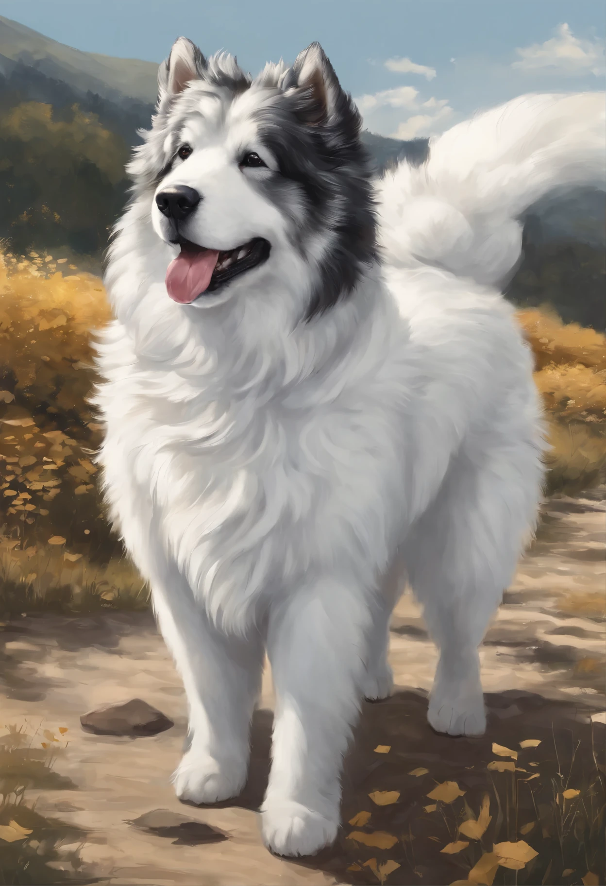 Close-up of Samoyed,  Color (Black & White) runs a race with the clouds, собака породы  самоед runs a race with the clouds, fluffy clouds, casimir art, illustration of shigenori soejima, boris valejo. Smiling Samoyed, Detailed drawing of an anime character, подробный anime key figure, Granblue Fantasy, Beautiful black Russian Terrier in Demon Slayer Art, Taisho Roman, A clear portrait of an RPG, Masamune Shiro, anime key figure