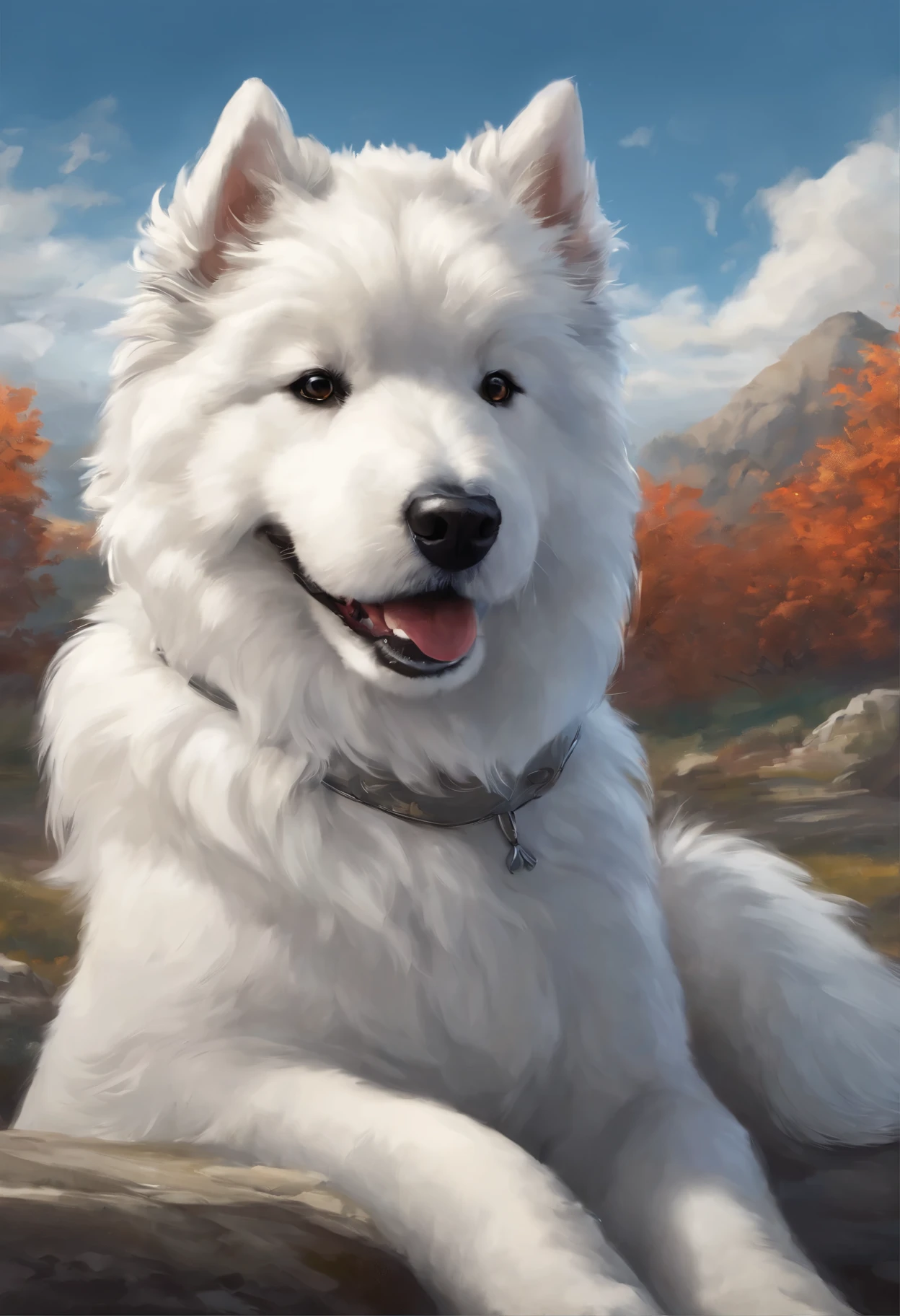 Close-up of Samoyed, Color (Black & White) runs a race with the clouds, собака породы самоед runs a race with the clouds, fluffy clouds, casimir art, illustration of shigenori soejima, boris valejo. Smiling Samoyed, Detailed drawing of an anime character, подробный anime key figure, Granblue Fantasy, Beautiful black Russian Terrier in Demon Slayer Art, Taisho Roman, A clear portrait of an RPG, Masamune Shiro, anime key figure