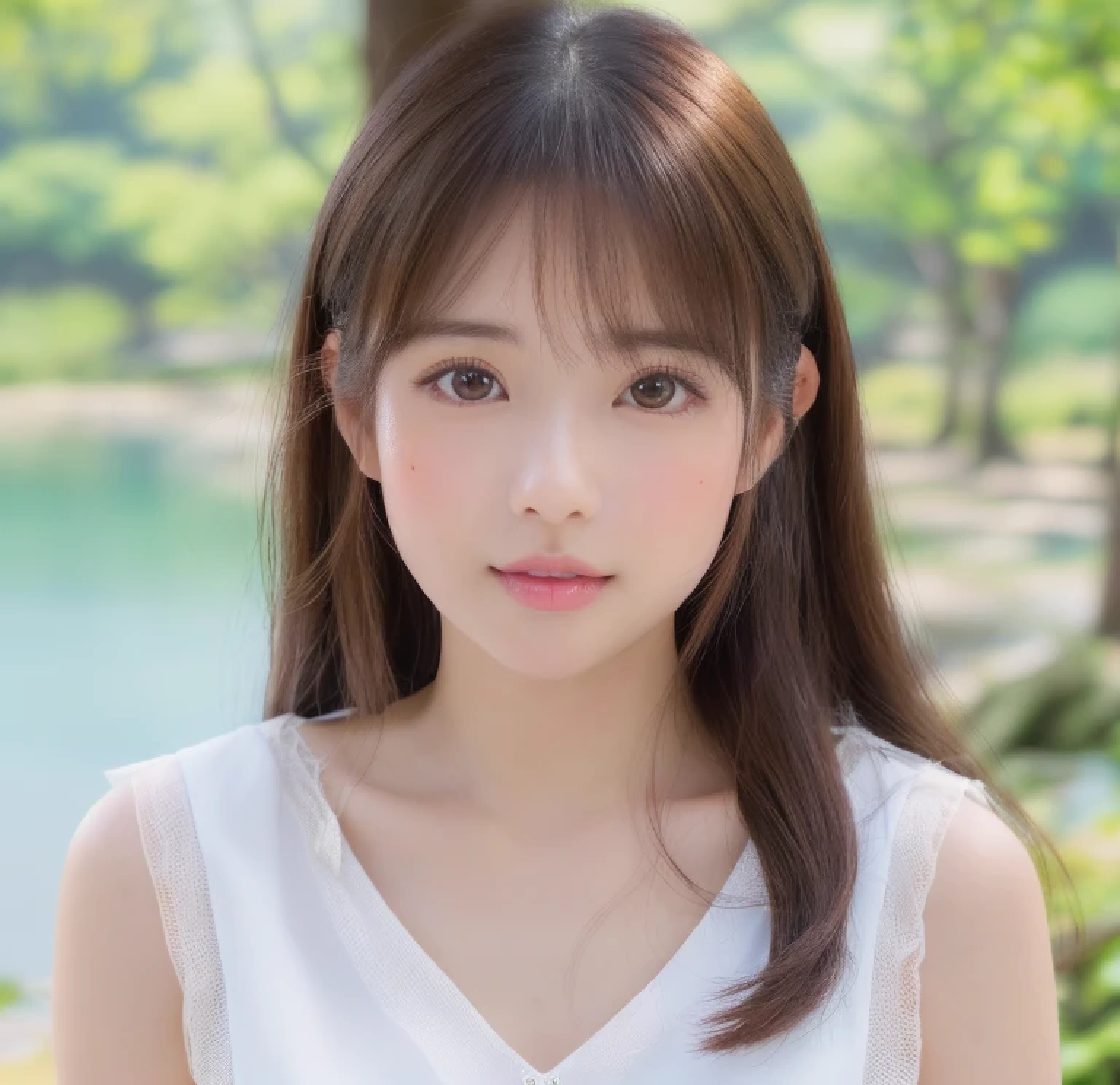 ((cute little日本の女の子、Beautiful japanese girl、1 girl in、age19、poneyTail、Highly detailed facial and skin texture、refinement、hyperdetailed face、ultradetailed eyes、blusher、blush、teak、ピンクのteakを塗った頬、close-up of woman、bustup、frontage、cute little、smooth white skin、Transparent skin texture、))、(dark brown hair、bangss)、Looking at the camera、Beautiful Women in Perfect Style:1.4、Japanese Models、Young gravure idols、若いcute littleグラビアアイドル、Realistic Young Gravure Idol、refinementされたグラビアアイドル、((top-quality、in 8K、masterpiece:1.3))、(4K、Raw photography、top-quality)、(reallistic、フォトreallistic:1.37)、Place a person on the other side of the screen、natural soft light、upper body and head、refinement、