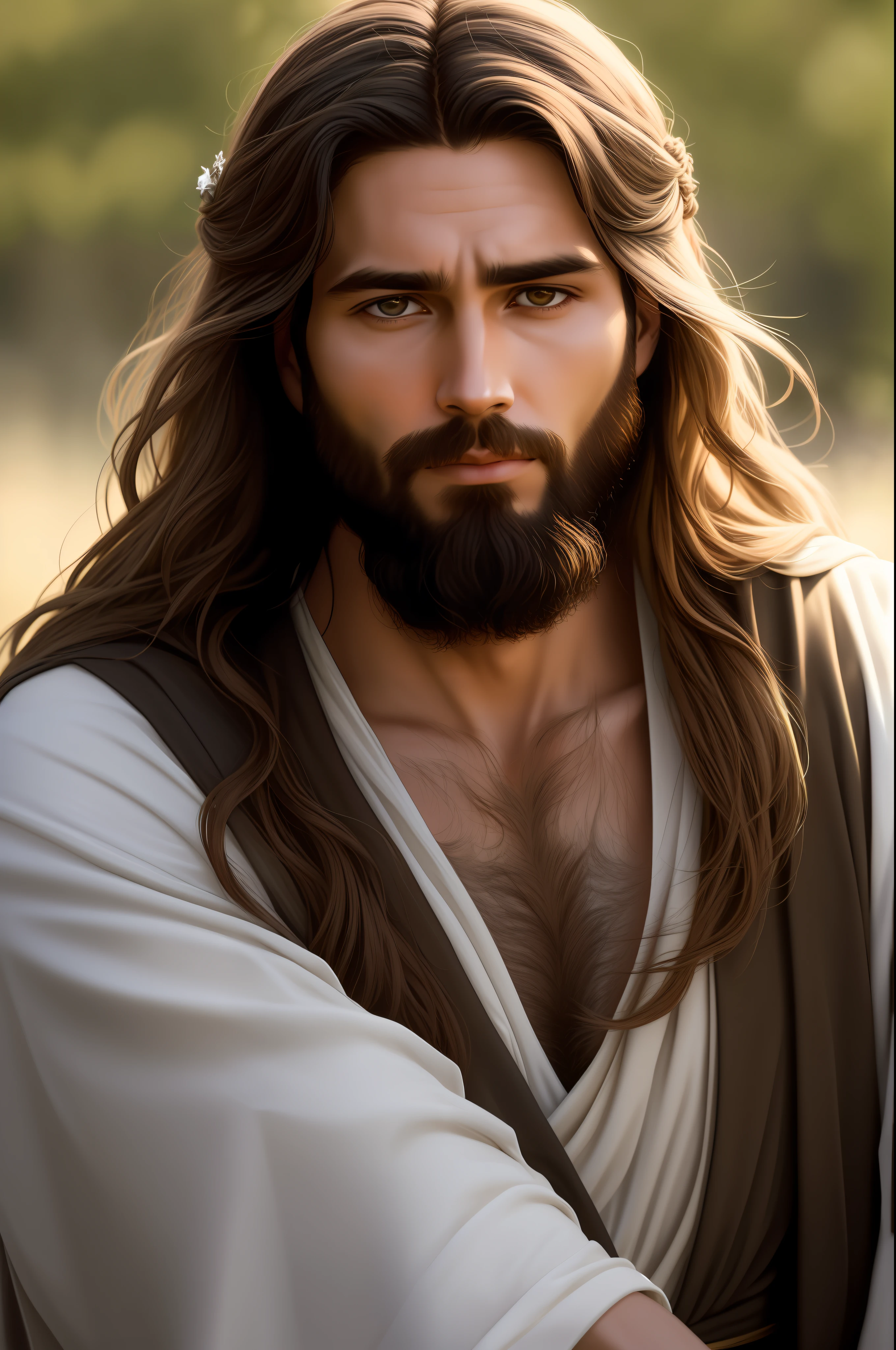 "Please create a realistic portrait of Jesus, representing him as a simple and humble man. Highlight the calm and compassionate expression on your face, with serene eyes and a soft smile. Be sure to faithfully portray Jesus' signature facial features, such as his beard and long hair. Add a crown of thorns on your head, emphasizing the painful aspect, but without exaggerating the violence. Use soft lighting to emphasize the aura of kindness and peace around it. The main focus should be to convey the message of love and compassion that Jesus represents. Please avoid any offensive or disrespectful depictions. The goal is to create a reverent and inspiring image that captures the essence of Jesus as a simple man and the Savior of mankind."