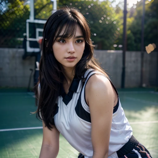 (8k, Best Quality, Masterpiece: 1.2), (Realistic, Realistic: 1.37), Ultra Detailed, Best Quality, Ultra High Resolution, Professional Lighting, Photon Mapping, Radiosity, Physically Based Rendering, Cinematic Lighting, Basketball court, depth of field, clear focus, sunlight, good composition, (bokeh: 1.2) 1girl, solo, (full body), (closed mouth), beautiful and detailed eyes, pose, narrow waist, basketball uniform, black hair , messy hair, long hair blowing in the wind, (ulzzang-6500:1.2) mix4, hiqcgbody