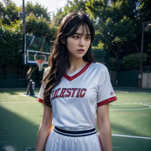(8k, Best Quality, Masterpiece: 1.2), (Realistic, Realistic: 1.37), Ultra Detailed, Best Quality, Ultra High Resolution, Professional Lighting, Photon Mapping, Radiosity, Physically Based Rendering, Cinematic Lighting, Basketball court, depth of field, clear focus, sunlight, good composition, (bokeh: 1.2) 1girl, solo, (full body), (closed mouth), beautiful and detailed eyes, pose, narrow waist, basketball uniform, black hair , messy hair, long hair blowing in the wind, (ulzzang-6500:1.2) mix4, hiqcgbody